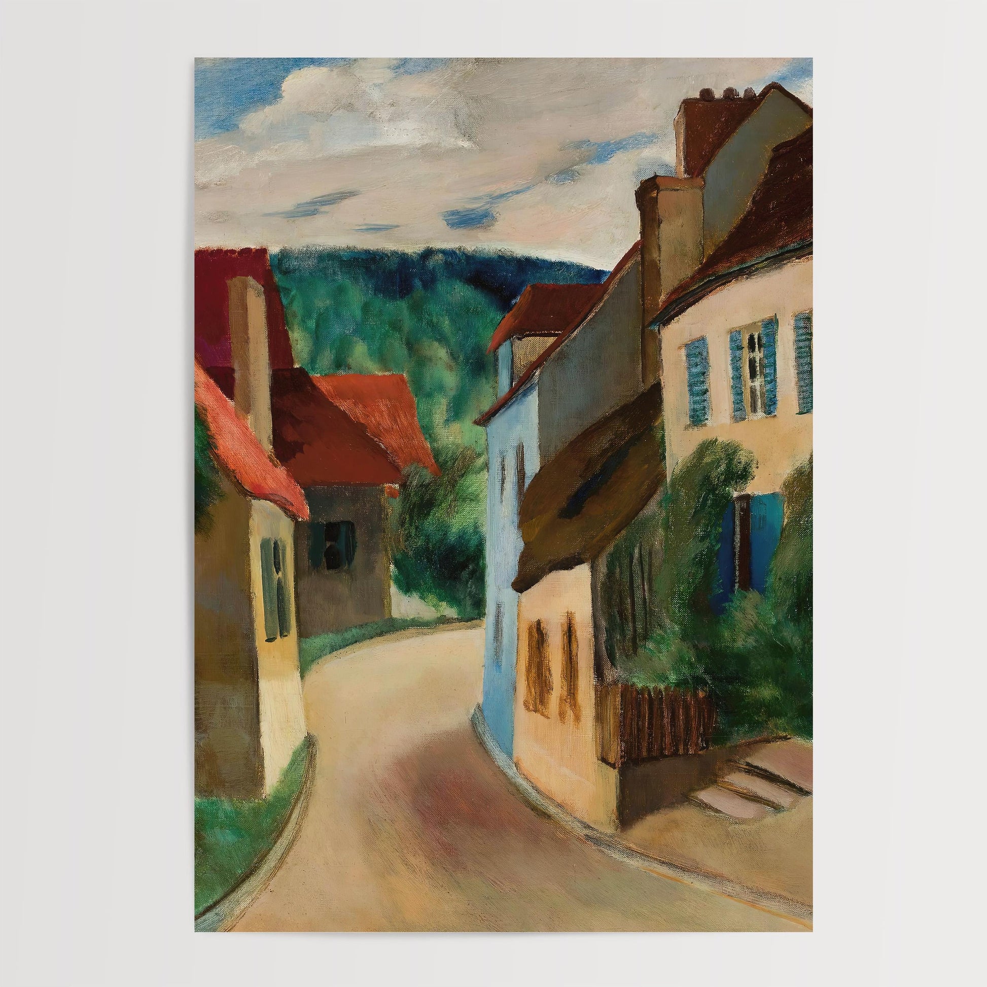 The image is a colorful painting depicting a quaint village street with houses and trees lining the road.