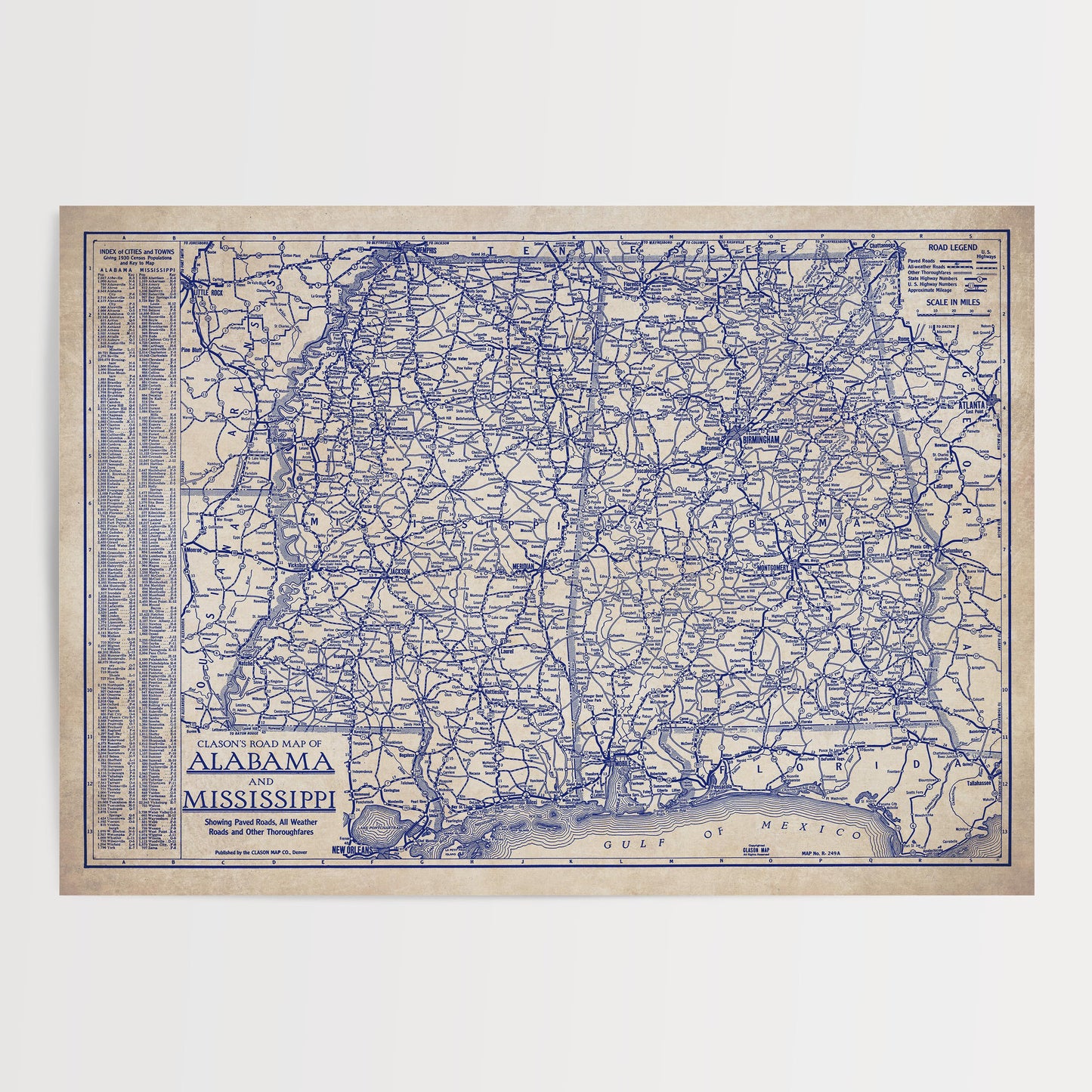 The image is a vintage road map of Alabama and Mississippi, showing the state's roads and highways in blue.
