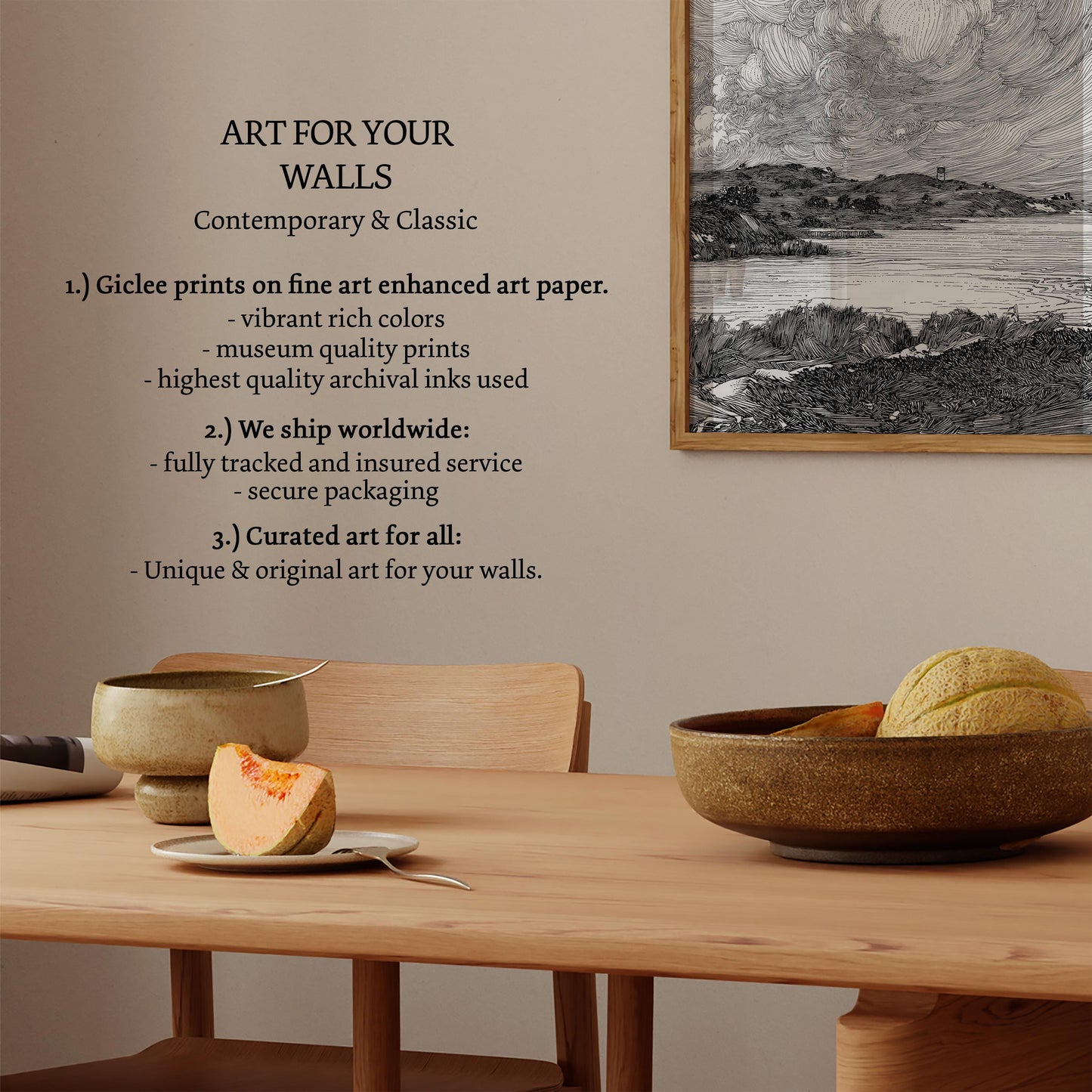 The image is a wall art display featuring a framed landscape painting and a wooden table with a bowl of fruit. The text on the wall provides information about the art, including that it is contemporary and classic, and that it can be shipped worldwide with a fully tracked and insured service, secure packaging, and unique and original art for your walls.