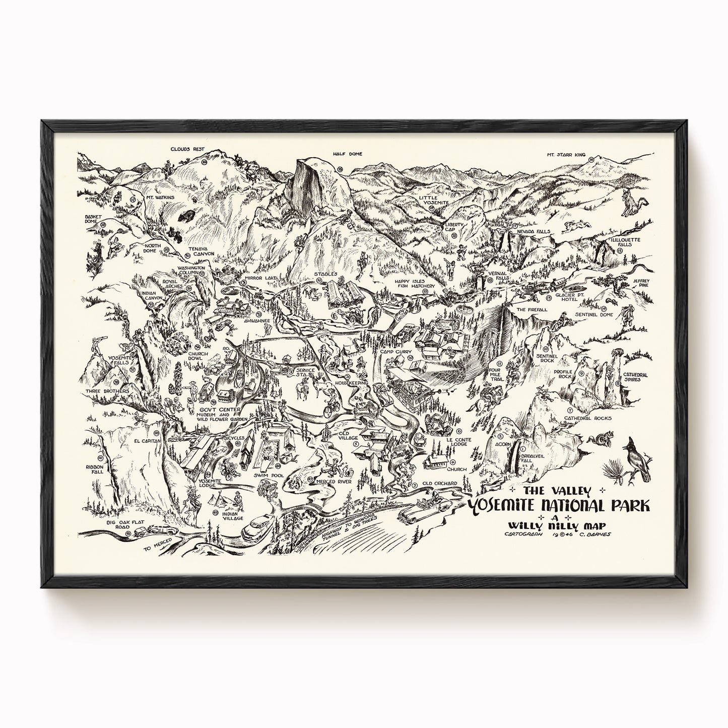 The image is a black and white illustration of a map of the Yosemite Valley, depicting various landmarks and features of the region.