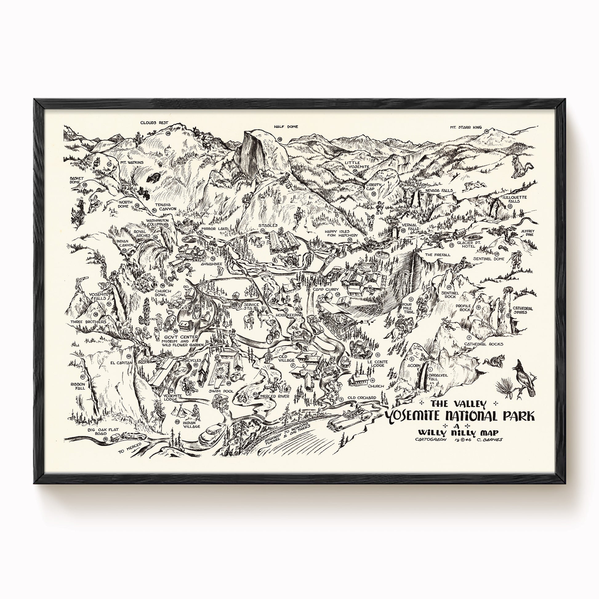 The image is a black and white illustration of a map of the Yosemite Valley, depicting various landmarks and features of the region.