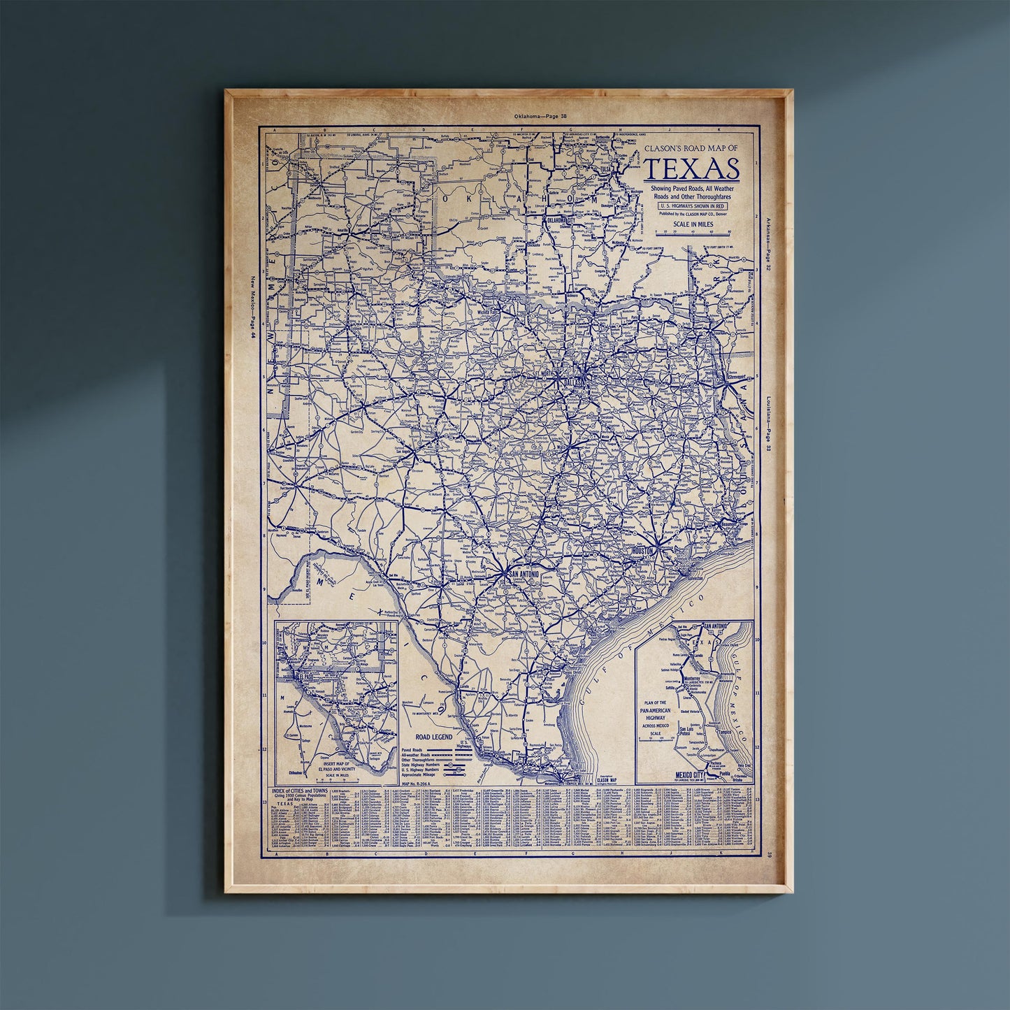 The image is a framed vintage map of Texas, showing the state's roads and highways in a detailed and detailed manner.