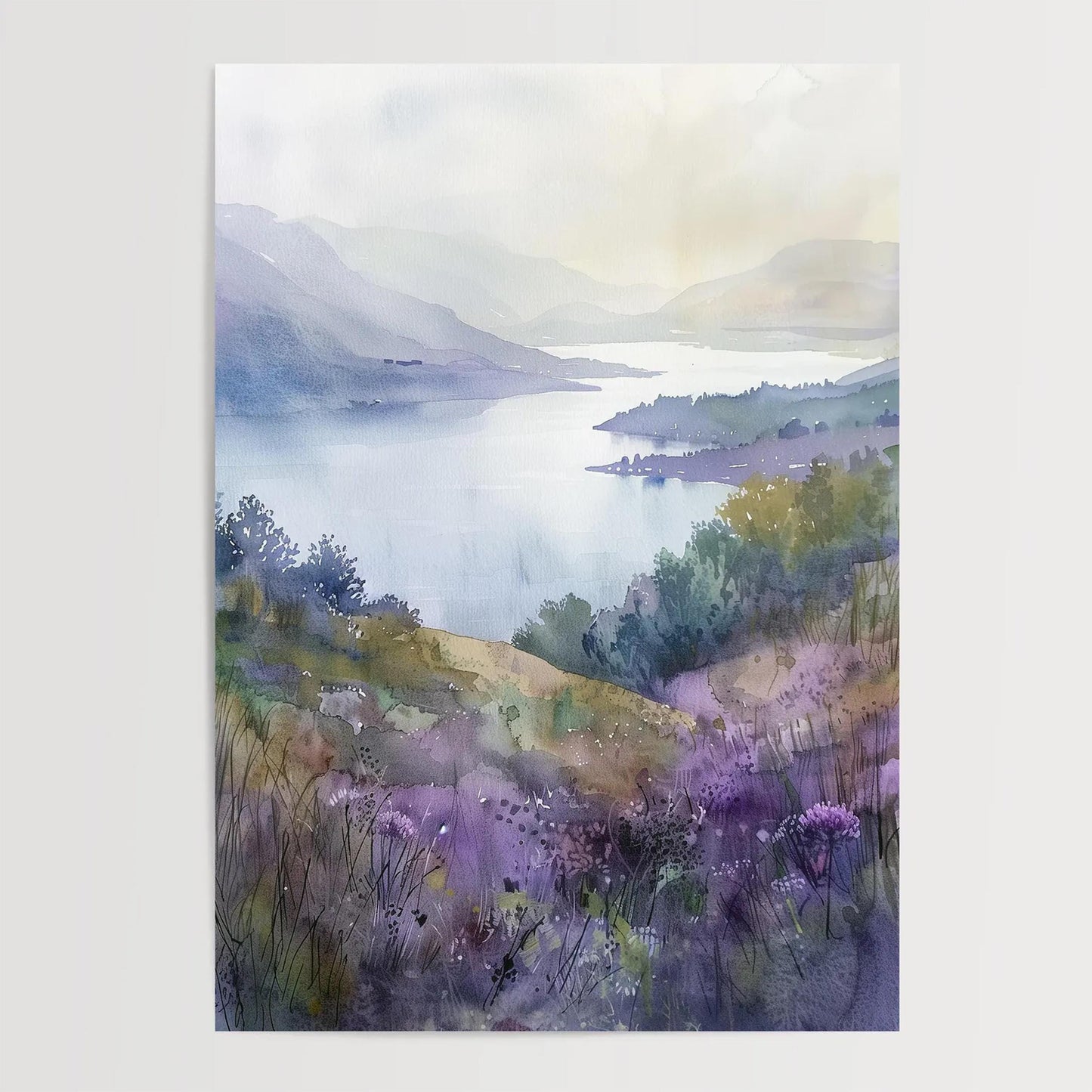 The image is a watercolor painting depicting a serene landscape with a lake surrounded by mountains and lush vegetation.