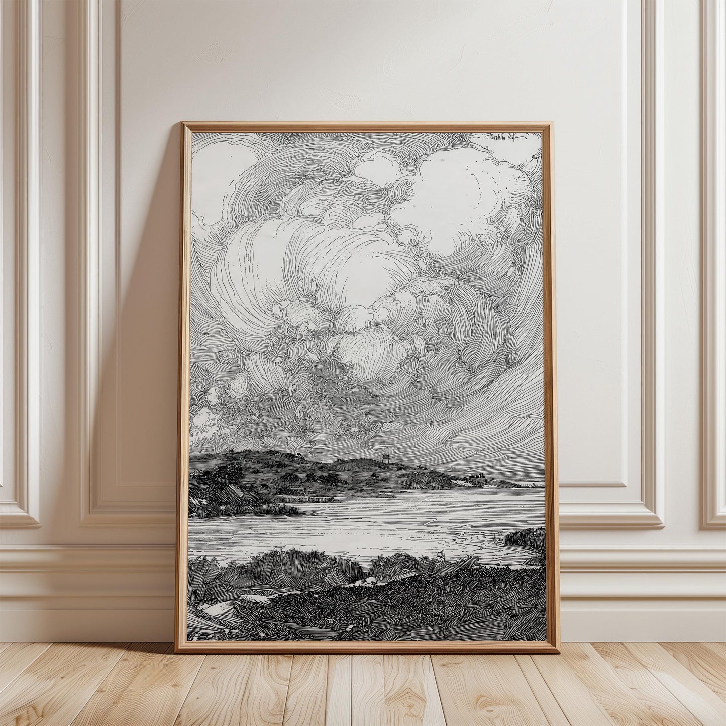 The image is a framed artwork depicting a serene landscape with a body of water and a cloudy sky.