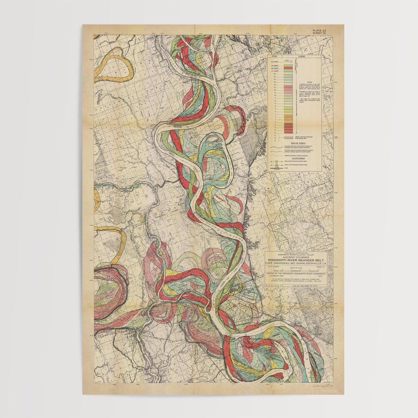 Harold Fisk Mississippi River Map Print, Melville, LA to Donaldsonville, LA, Plate 22, Sheet 13