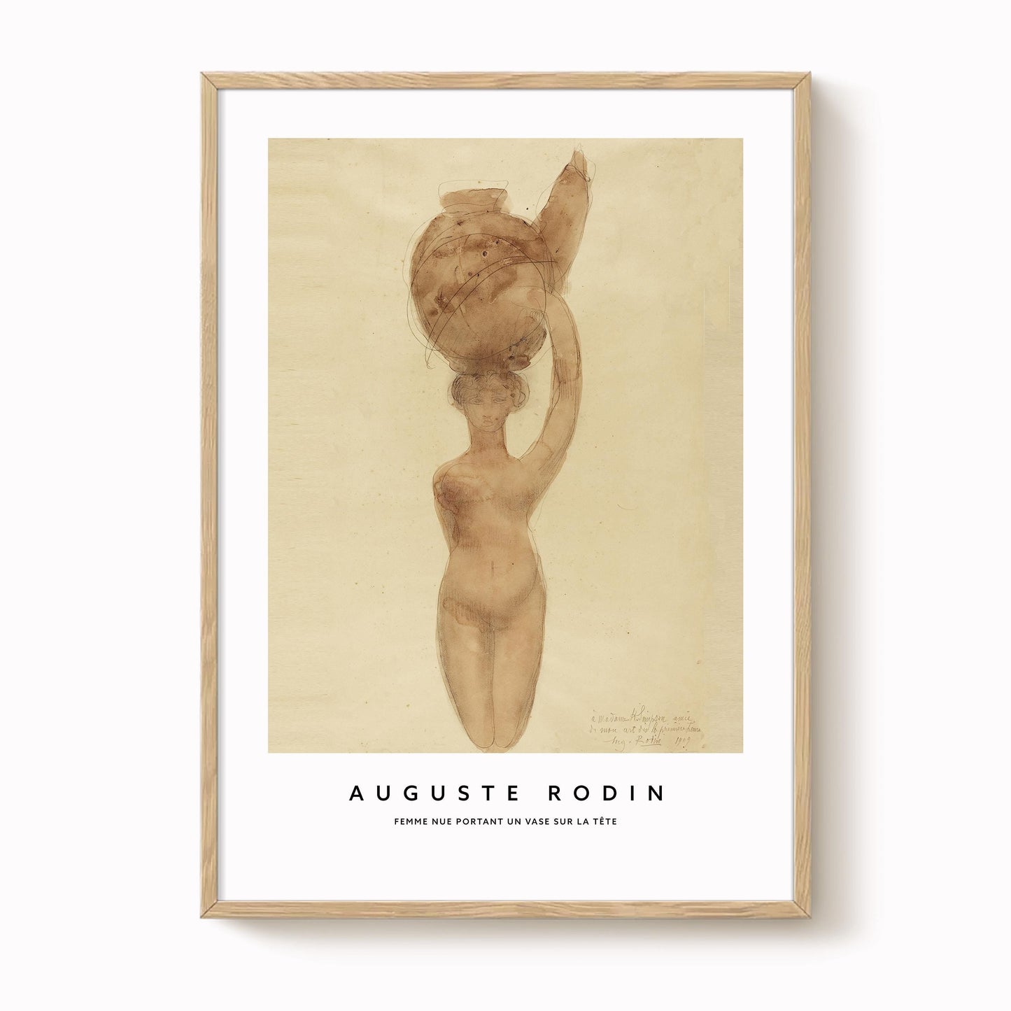 The image is a framed print featuring an artistic rendering of a nude female figure holding a large vase.