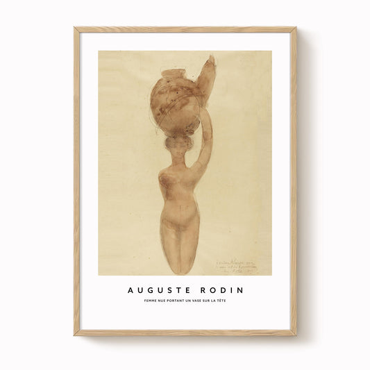 The image is a framed print featuring an artistic rendering of a nude female figure holding a large vase.