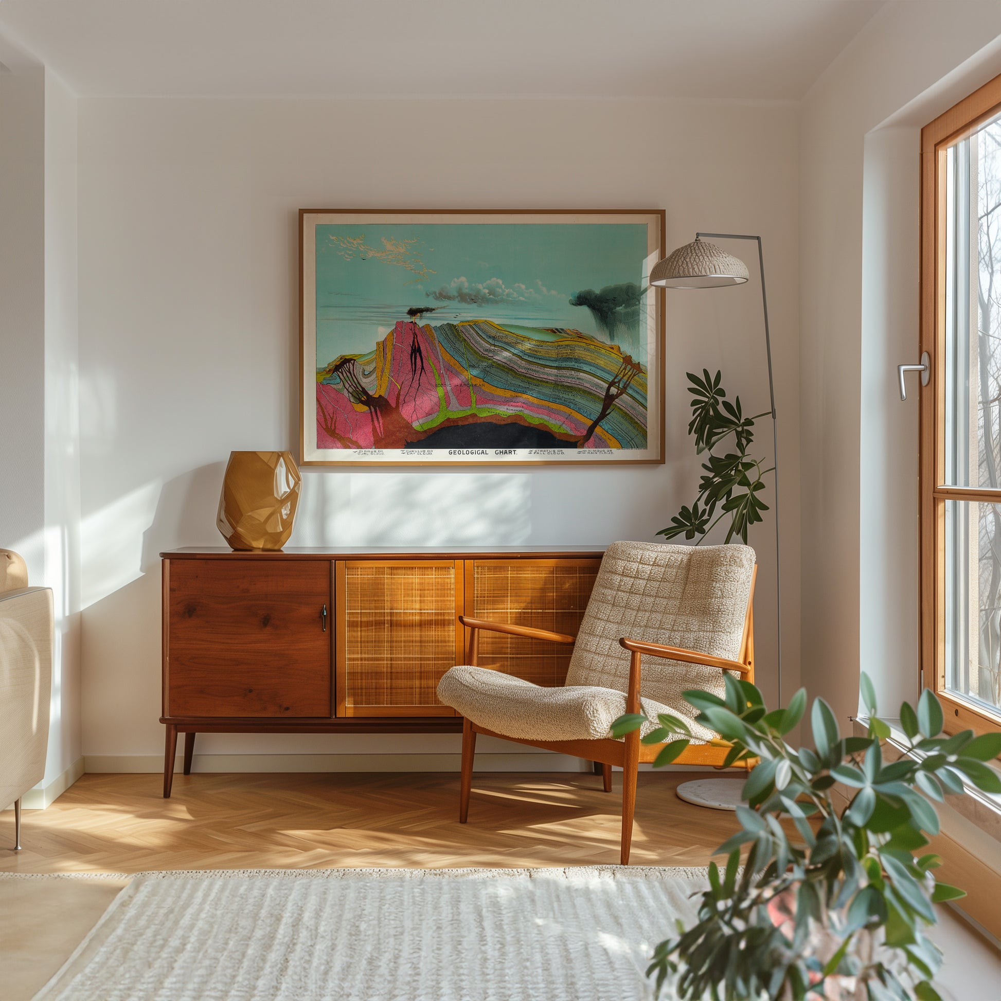 a cozy living room with a wooden cabinet, a comfortable armchair, and a large abstract painting on the wall. The room is illuminated by natural light from a window, and there are potted plants and a rug adding to the warm and inviting atmosphere.
