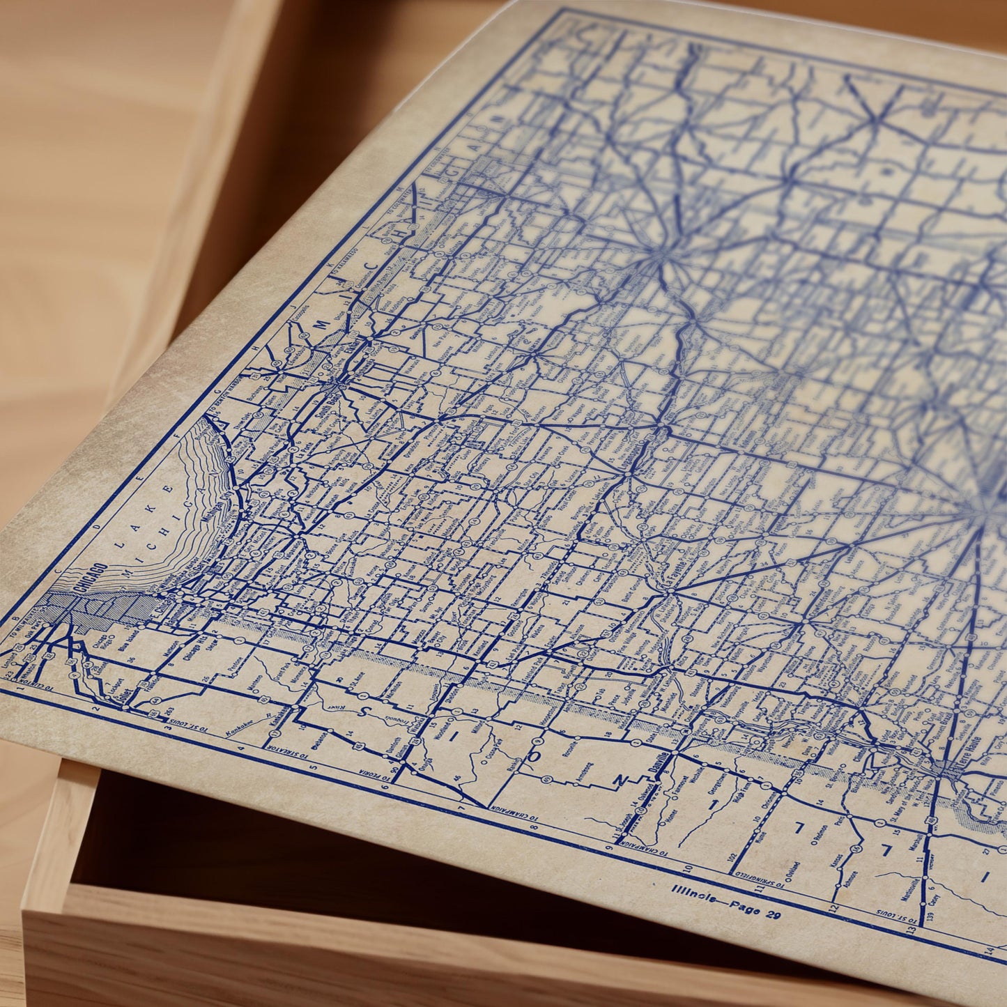 a close-up view of a map of Illinois, with the map's intricate details and blue lines clearly visible.