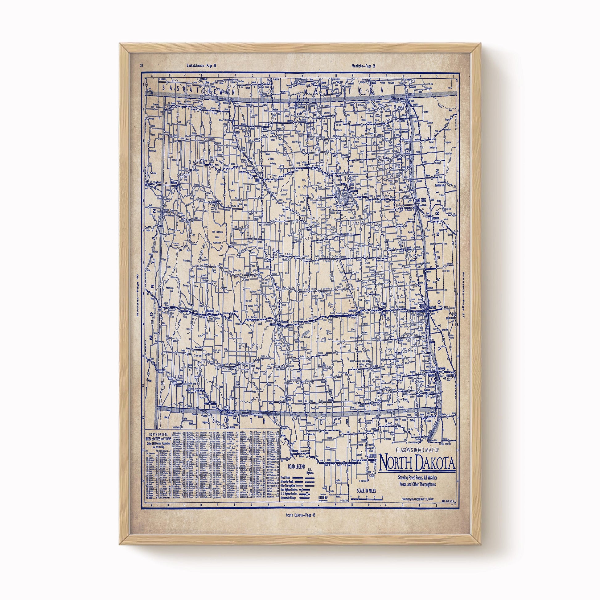 The image is a framed map of North Dakota, showing the state's roads, highways, and other geographical features.