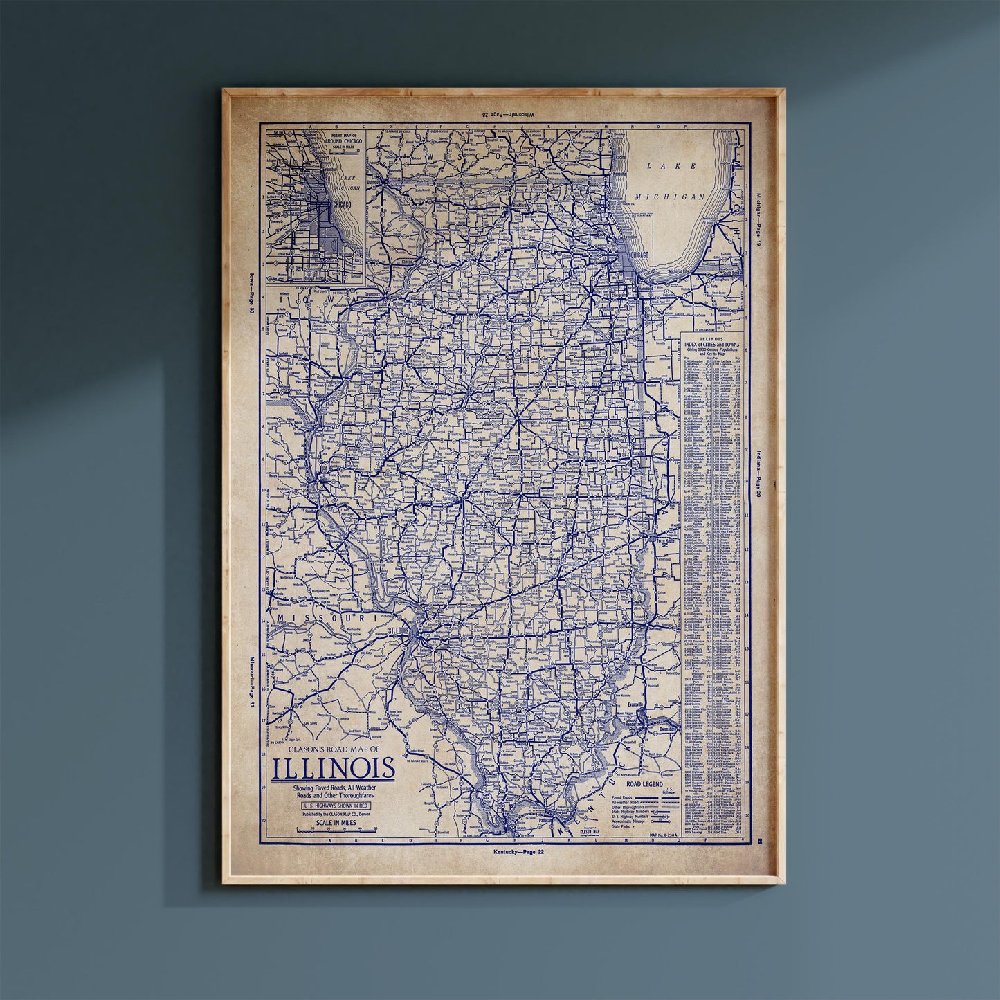 The image is a framed vintage map of Illinois, showing the state's roads and highways in a detailed and detailed manner.
