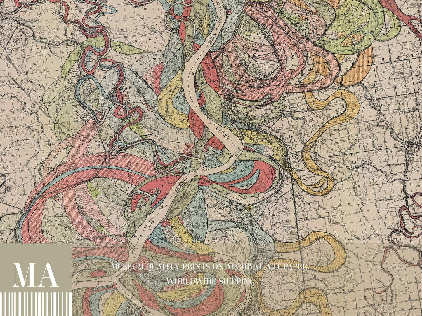 Harold Fisk Mississippi River Map Print, Rosedale to Greenville, Plate 22, Sheet 8