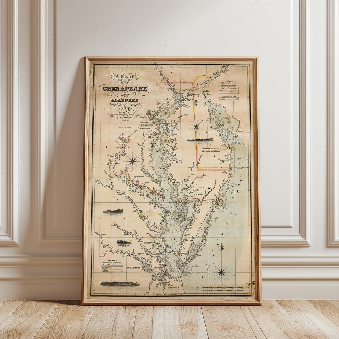 A framed map of the Chesapeake Bay region in the United States, depicting the bay and surrounding areas.