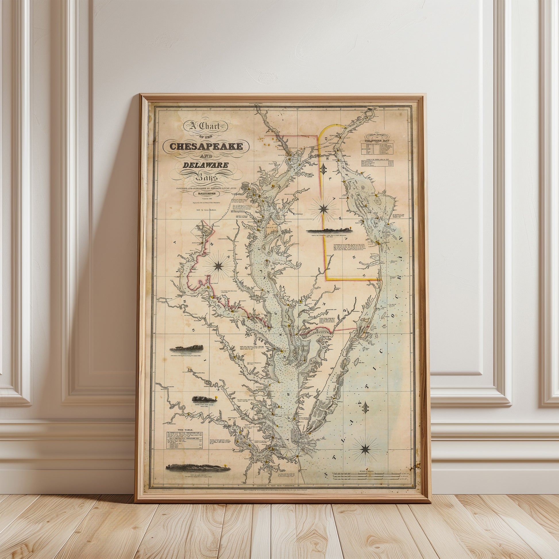 A framed map of the Chesapeake Bay region in the United States, depicting the bay and surrounding areas.