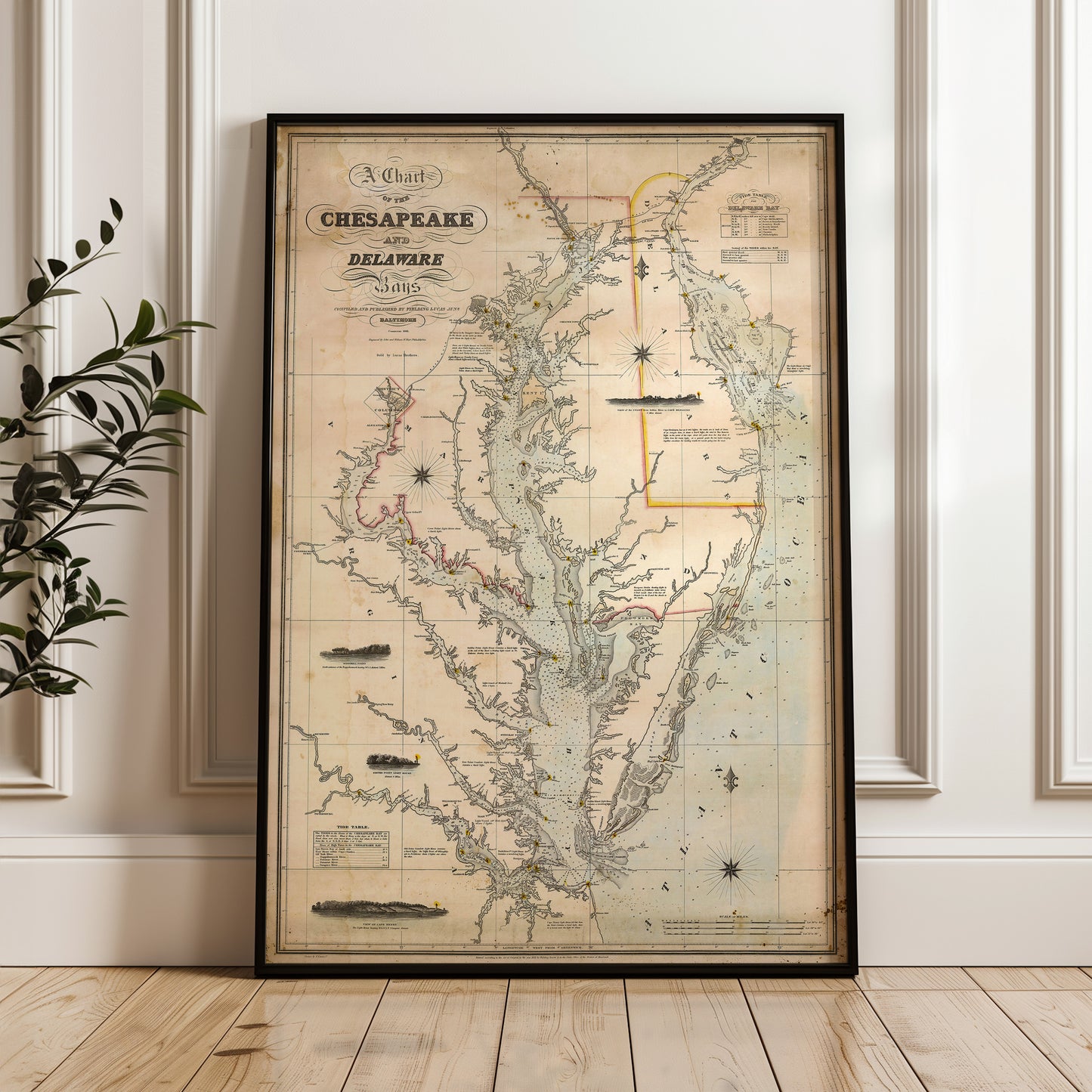 A framed map of the Chesapeake Bay region in Delaware, featuring detailed geographical information and coastlines.