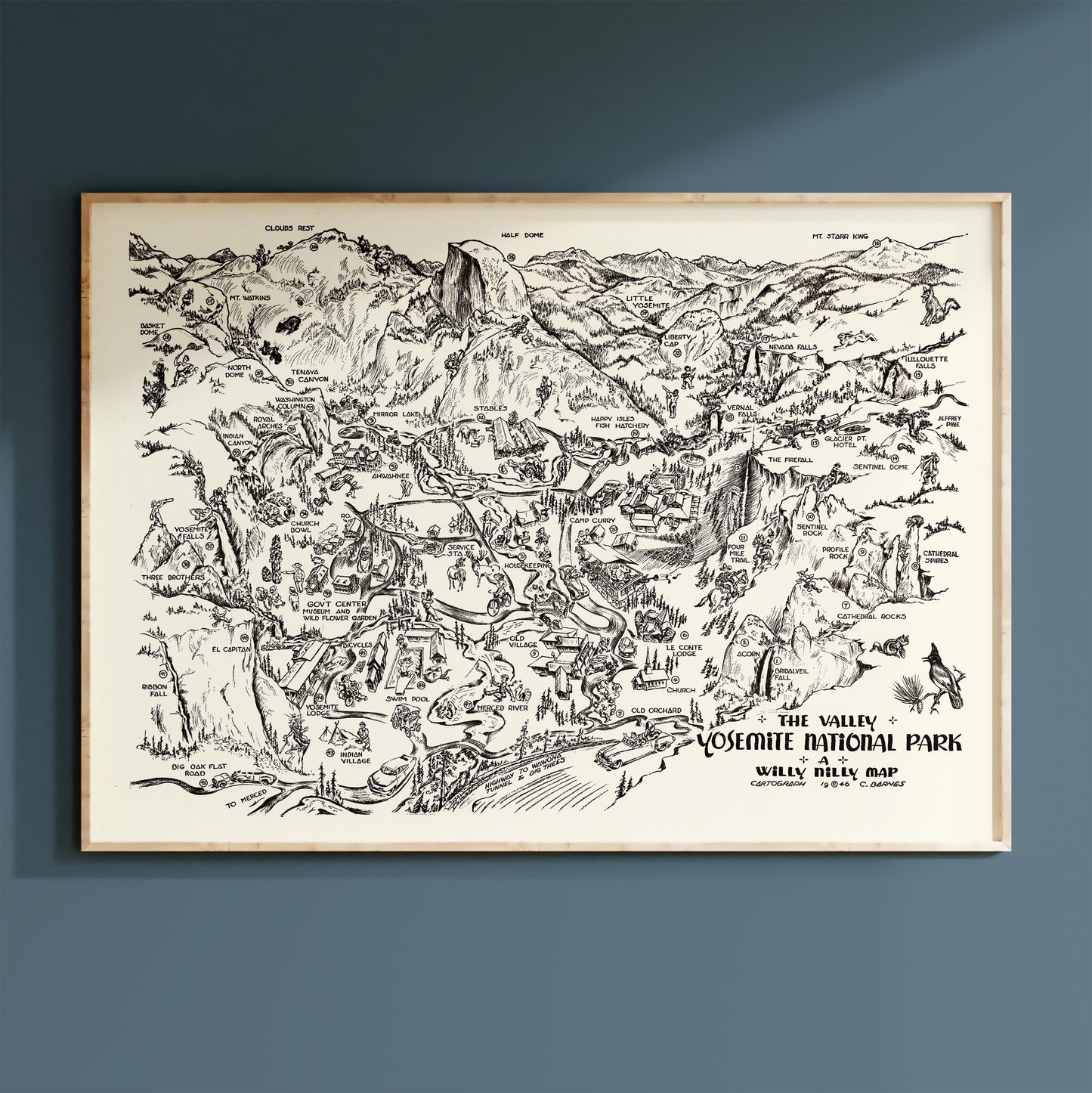 The image is a detailed black and white map of the Valley of the Kings National Park, depicting various landmarks and locations within the park.
