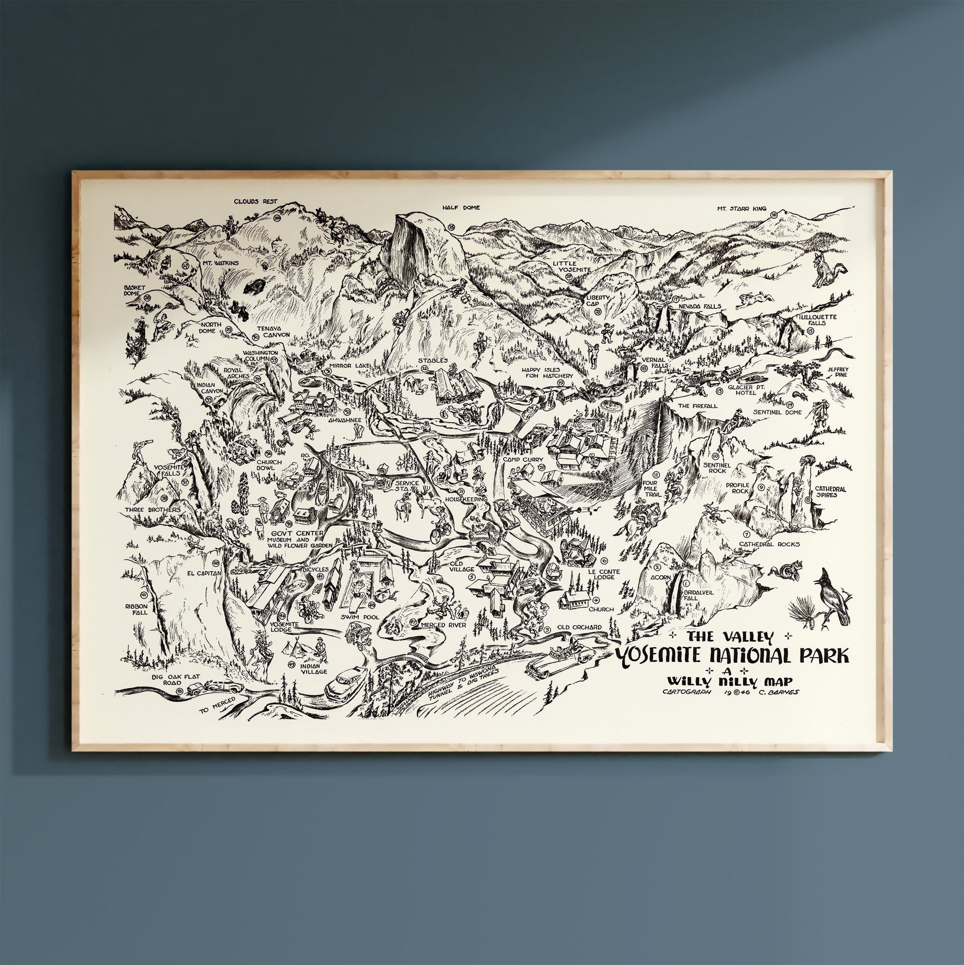 The image is a detailed black and white map of the Valley of the Kings National Park, depicting various landmarks and locations within the park.