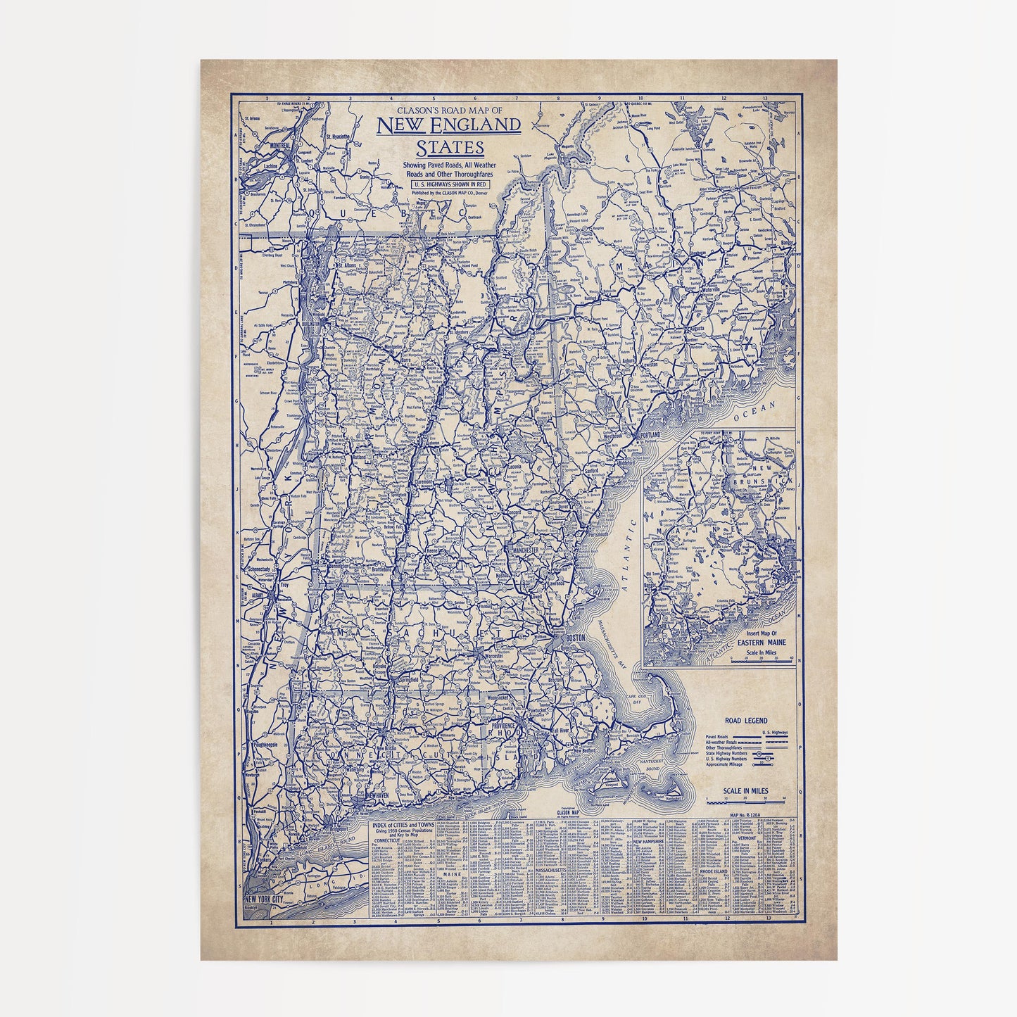 The image is a vintage map of the eastern United States, showing the roads and highways of New England and other states.