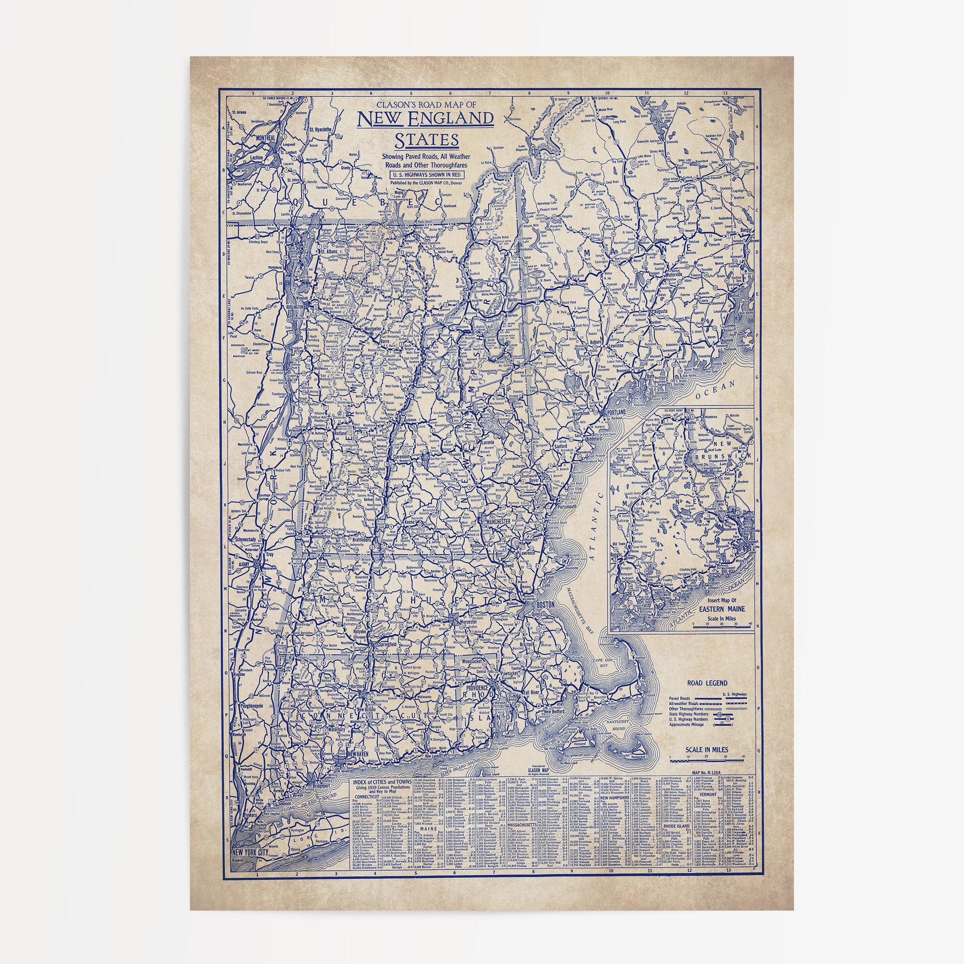 The image is a vintage map of the eastern United States, showing the roads and highways of New England and other states.