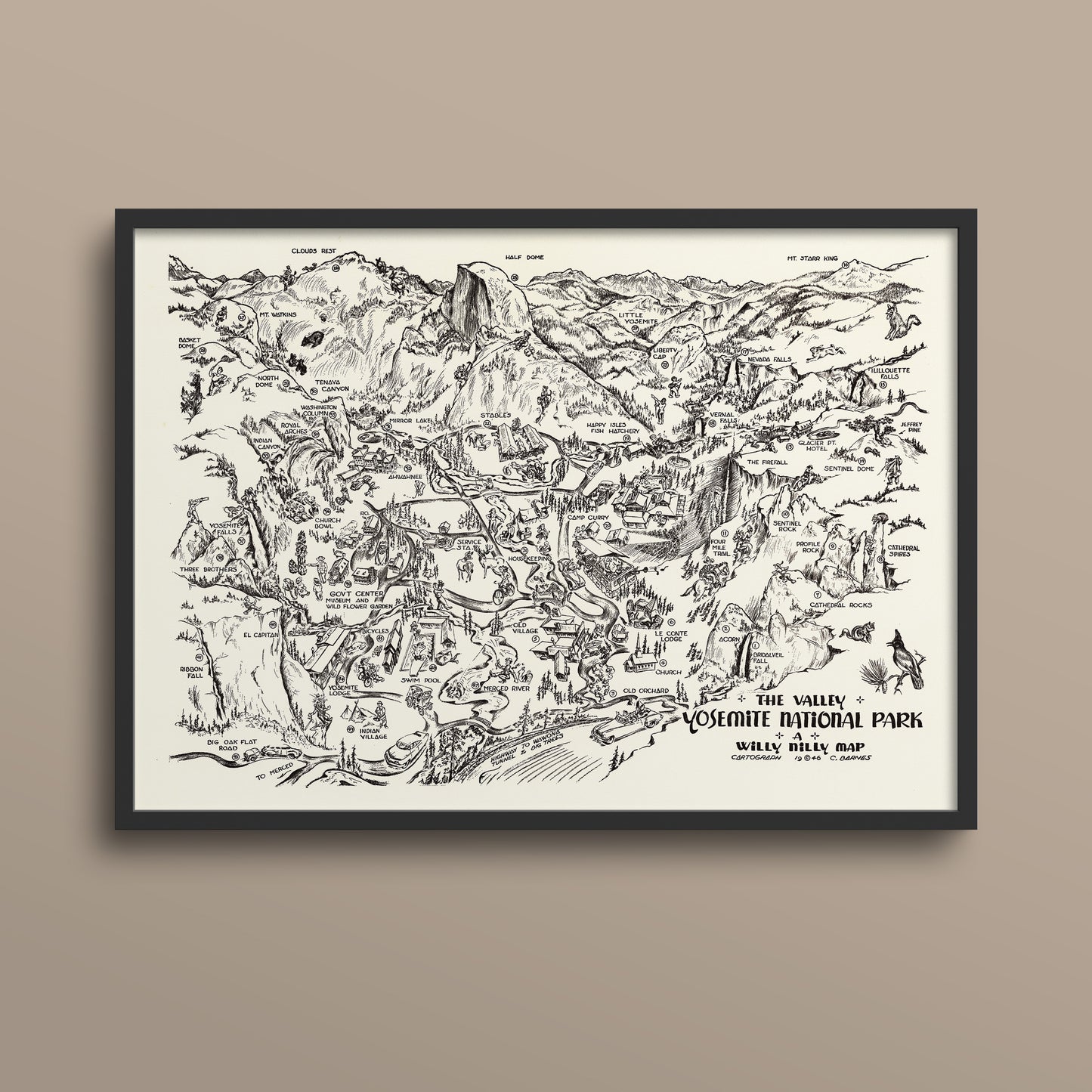 The image is a framed black and white map of the Yosemite National Park, depicting various landmarks and features of the park.