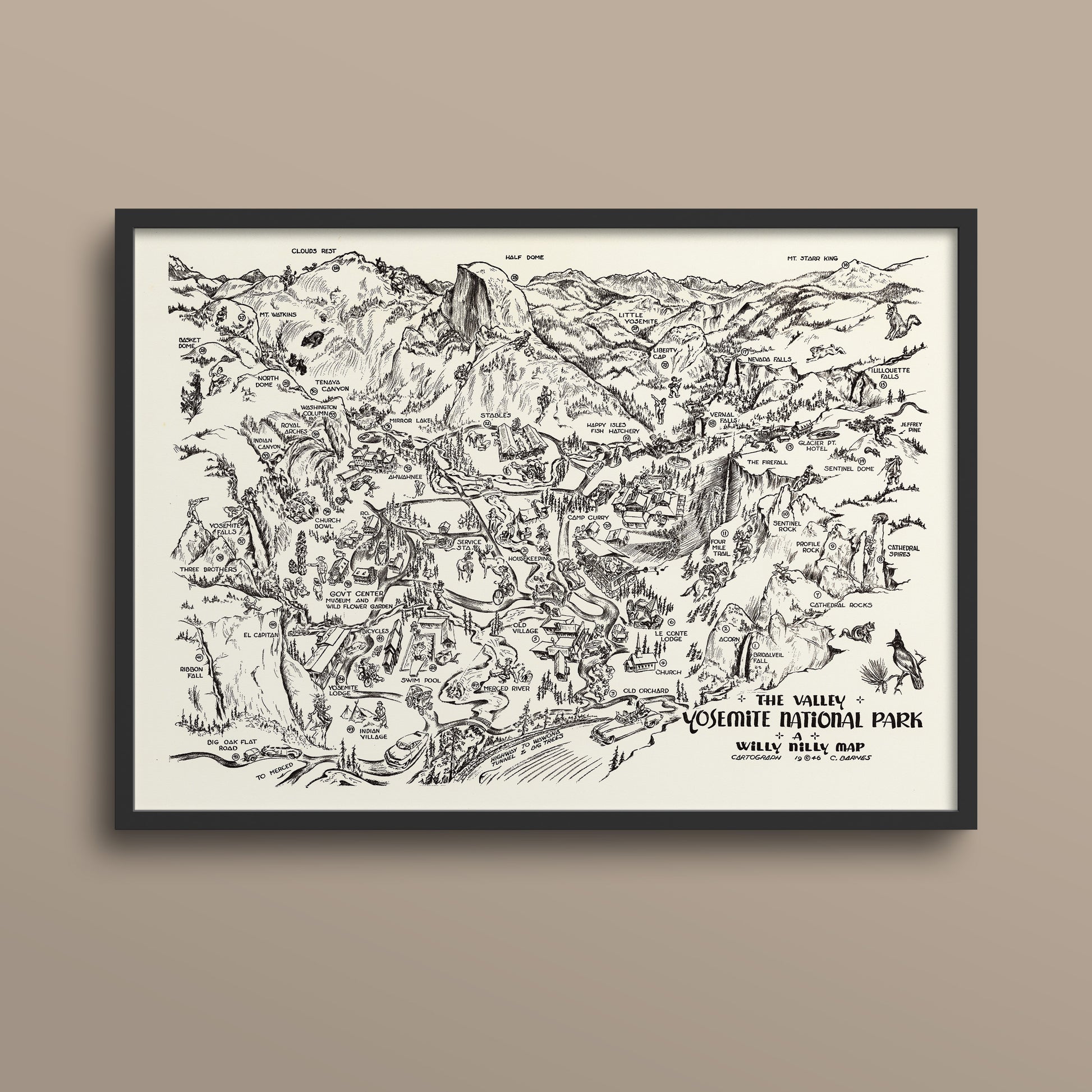 The image is a framed black and white map of the Yosemite National Park, depicting various landmarks and features of the park.