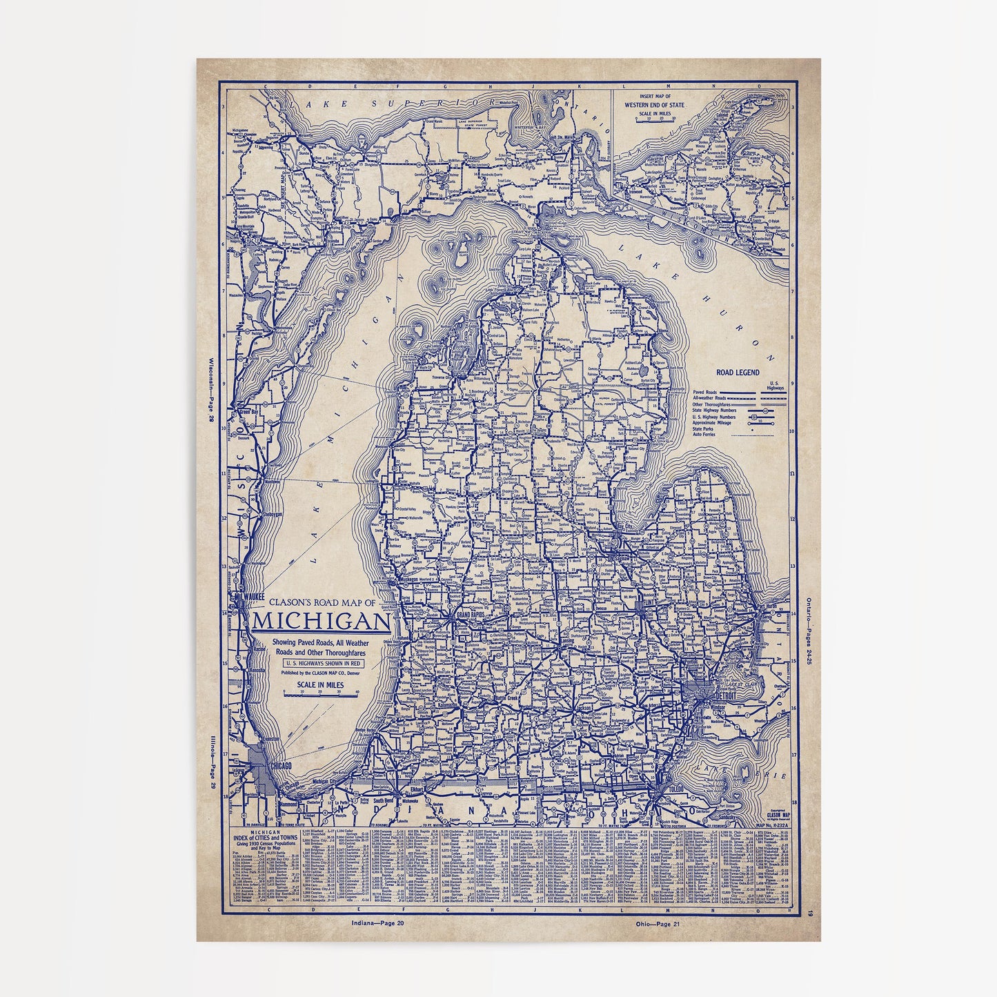 The image is a vintage map of Michigan, showing the state's roads and highways in blue.