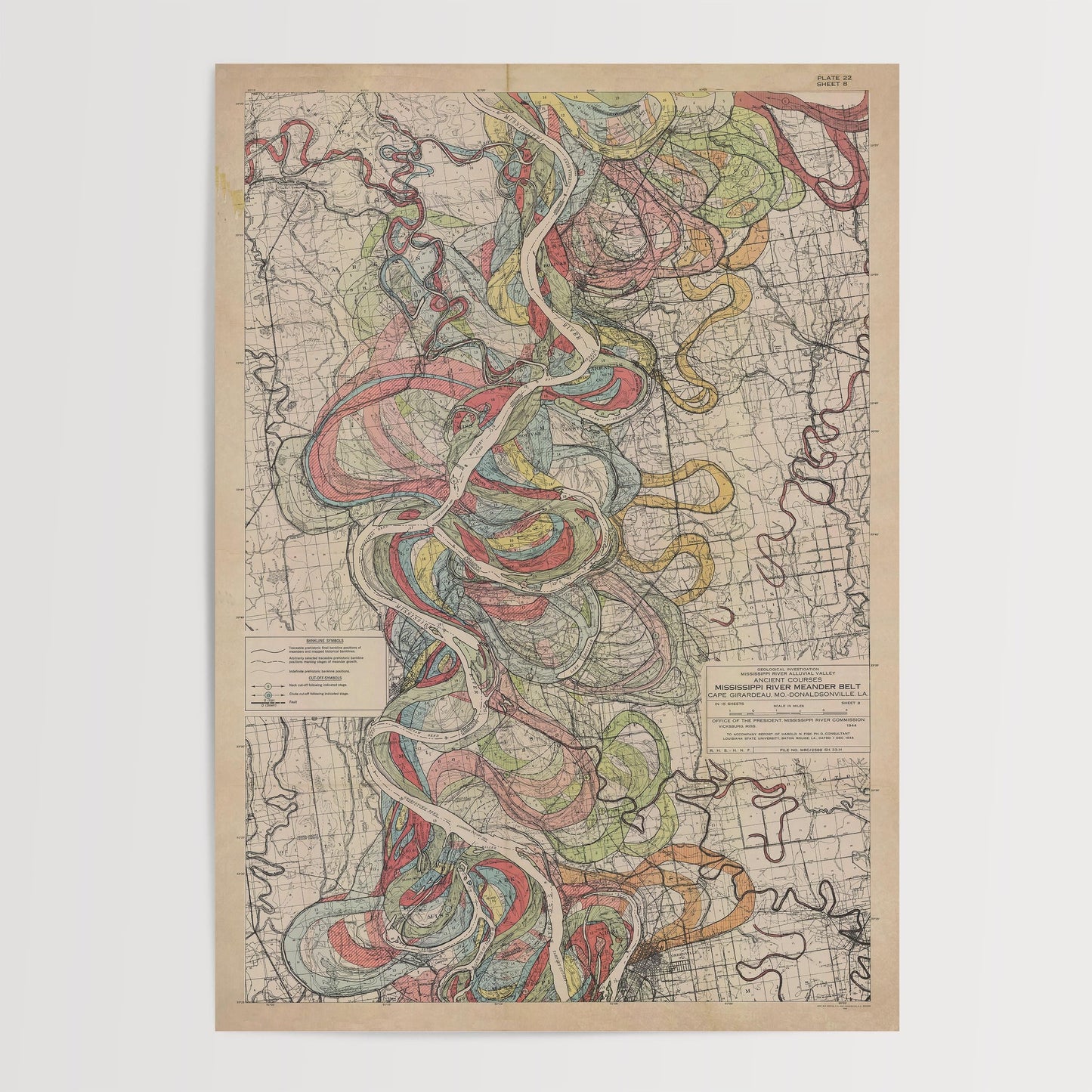 Harold Fisk Mississippi River Map Print, Rosedale to Greenville, Plate 22, Sheet 8