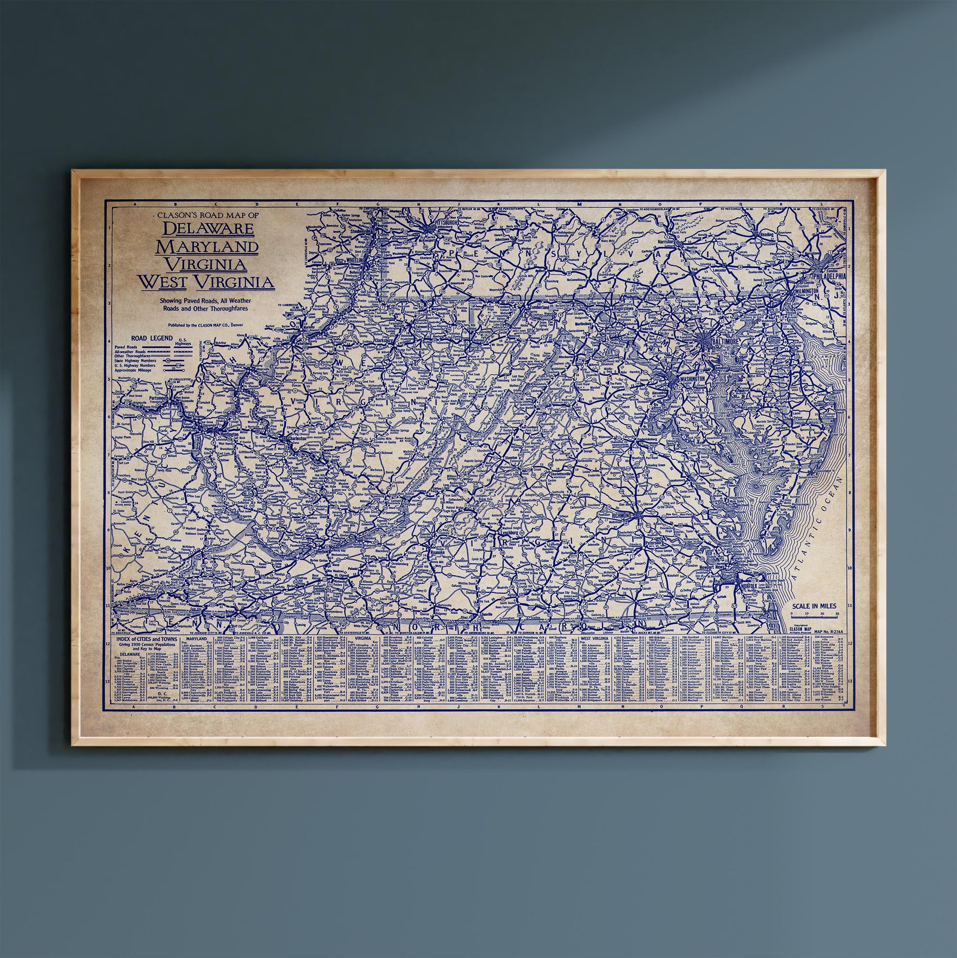 The image is a framed vintage map of Virginia, showing the state's roads and highways.