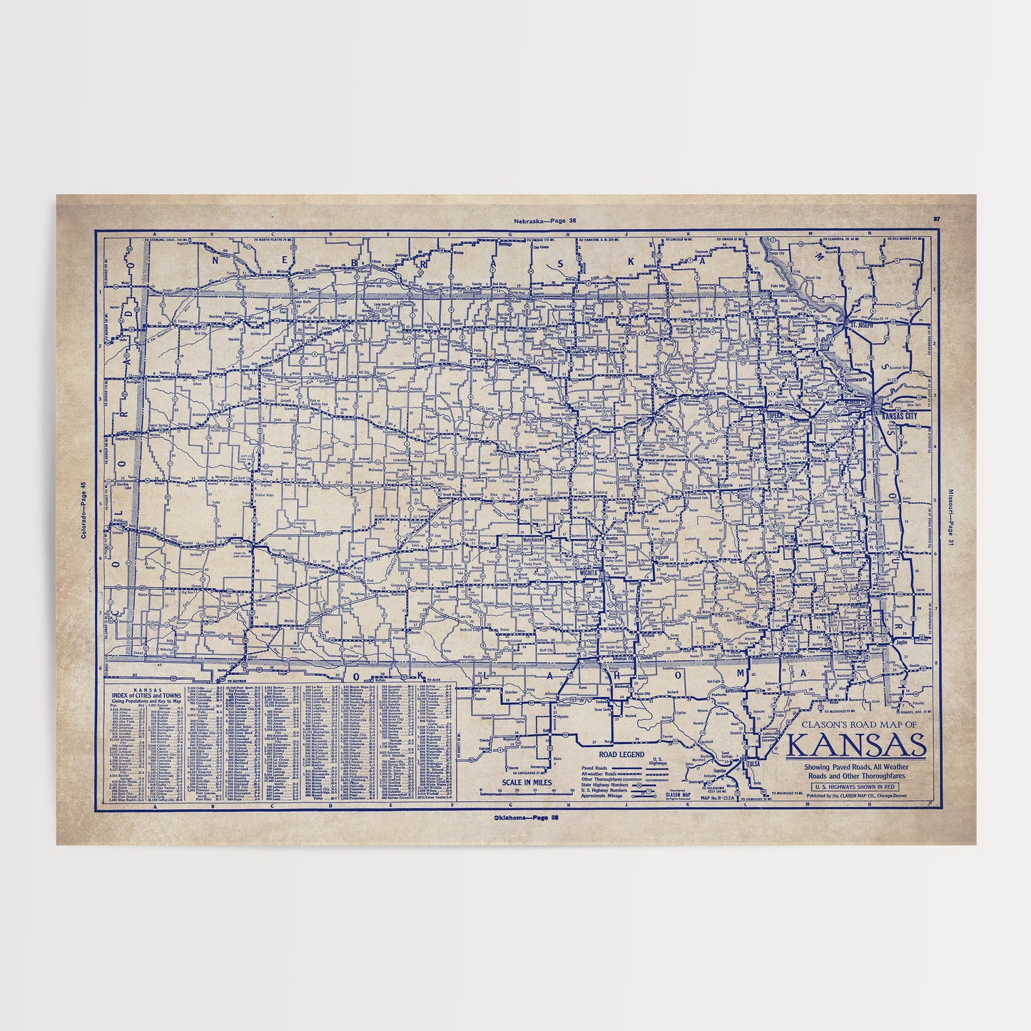 The image is a vintage road map of Kansas, showing the state's highways and roads in a detailed and intricate manner.