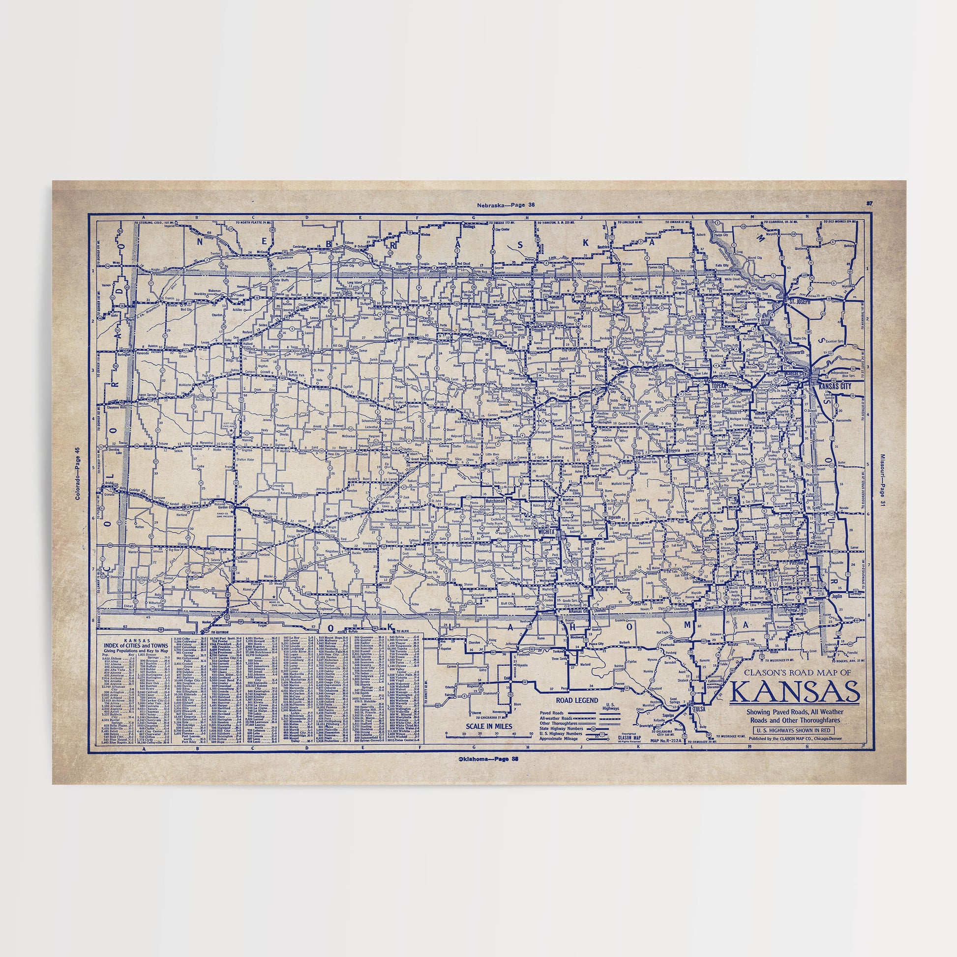 The image is a vintage road map of Kansas, showing the state's highways and roads in a detailed and intricate manner.
