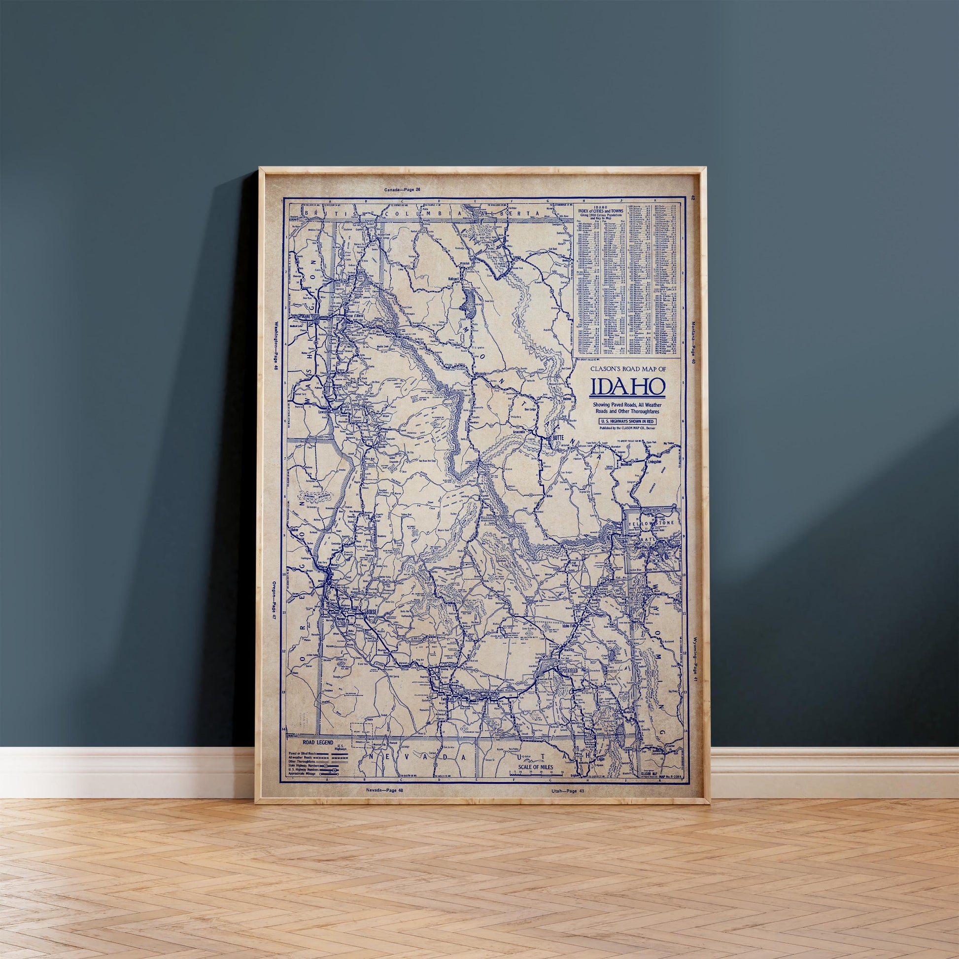 a framed map of Idaho, with a blue and white color scheme.