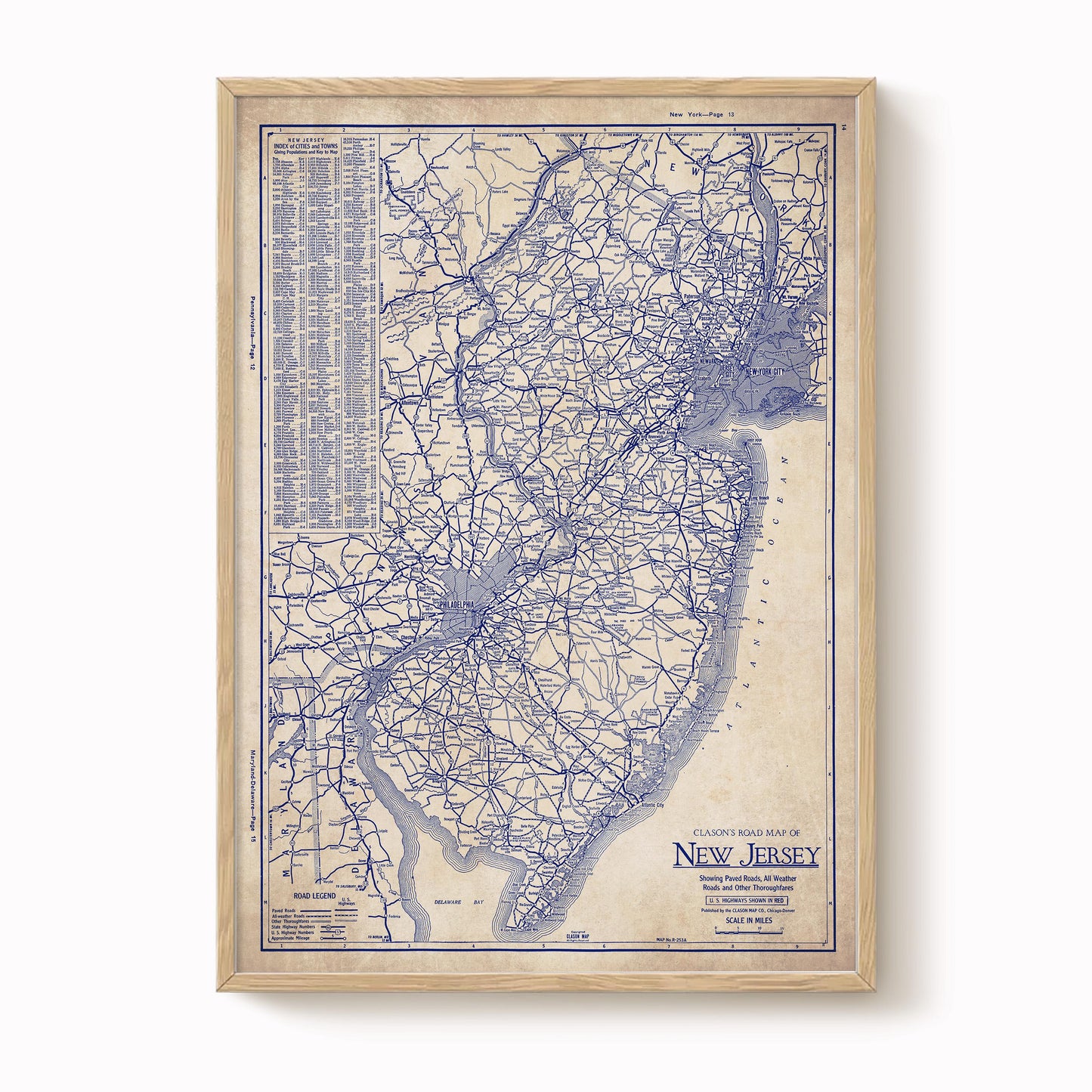 The image is a framed vintage map of New Jersey, depicting the state's road network and surrounding areas.