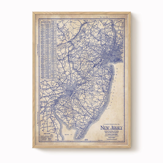 The image is a framed vintage map of New Jersey, depicting the state's road network and surrounding areas.