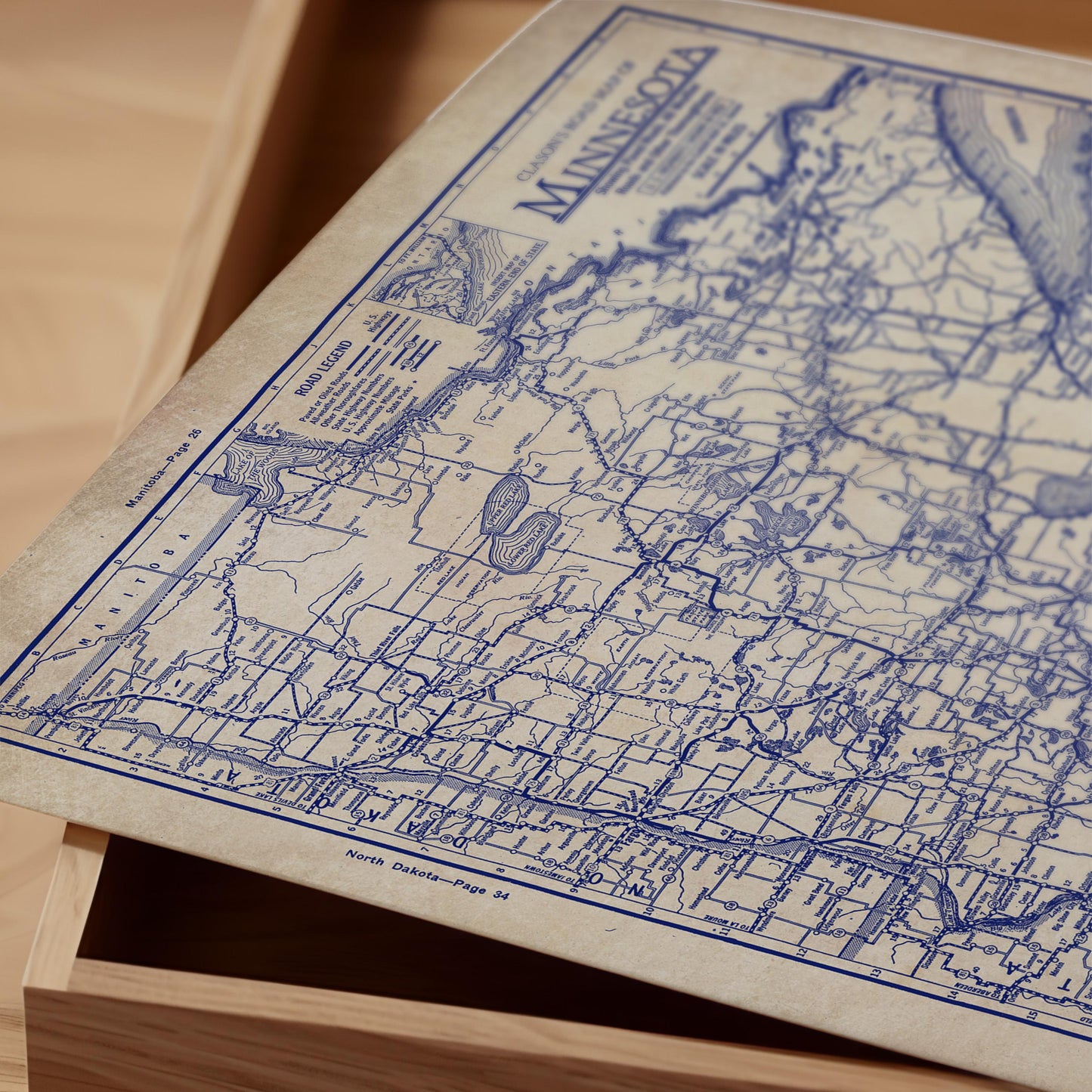 a close-up view of a map of Minnesota, with the map's title and other details visible.