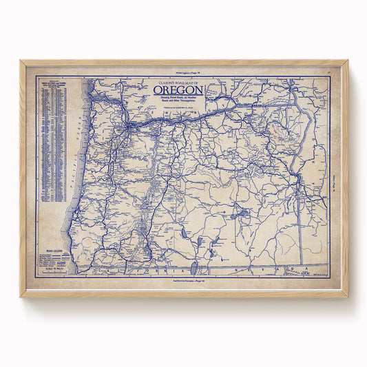 The image is a framed vintage map of Oregon, showing the state's roads and highways in blue.