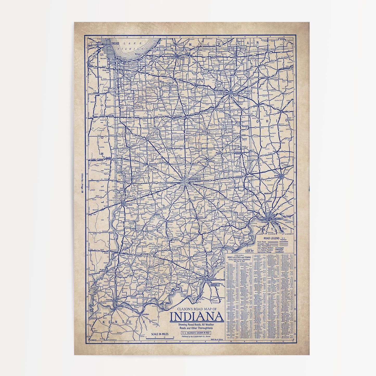 The image is a vintage map of Indiana, showing the state's roads and highways in a detailed and intricate manner.