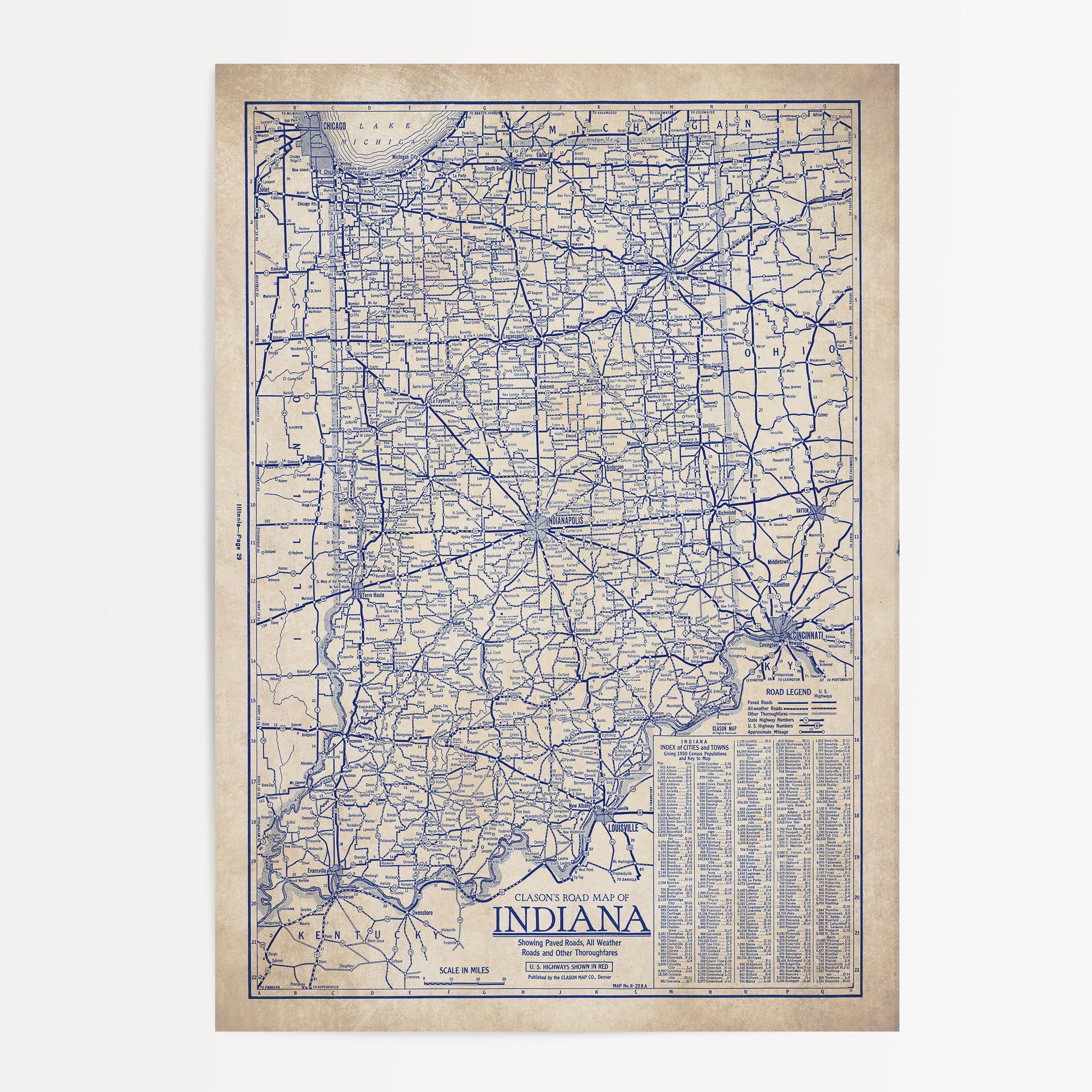 The image is a vintage map of Indiana, showing the state's roads and highways in a detailed and intricate manner.