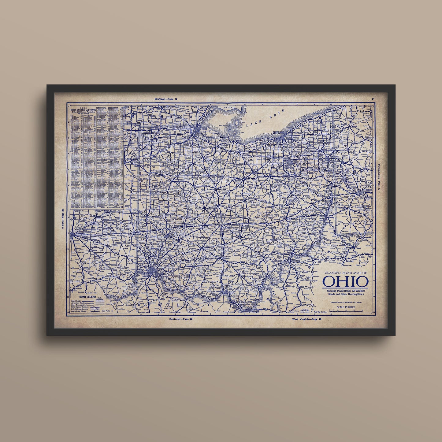 The image is a framed vintage map of the United States, specifically the Ohio region, showing the extensive network of roads and highways.