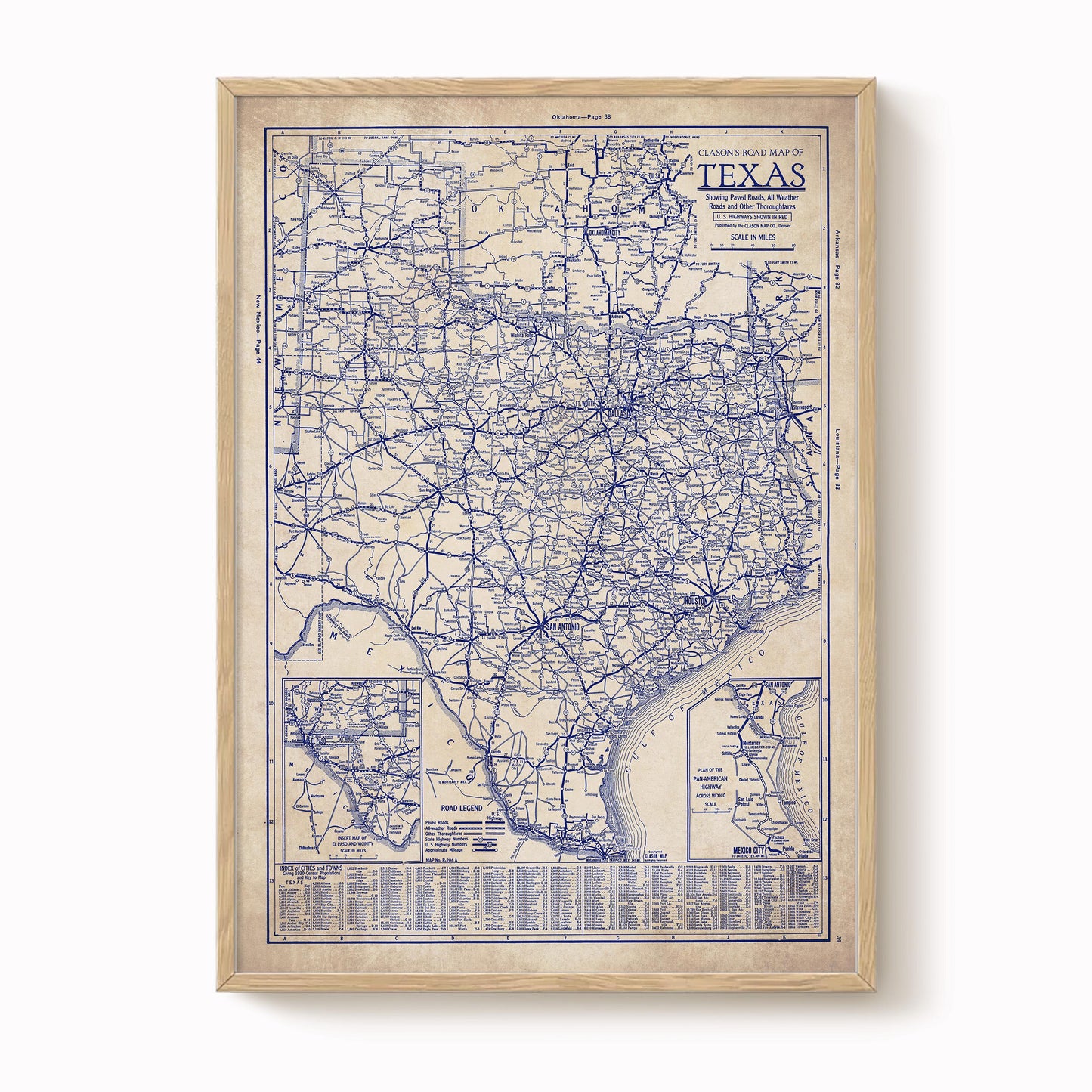 The image is a framed vintage map of Texas, depicting the state's roads and highways in a detailed and intricate manner.
