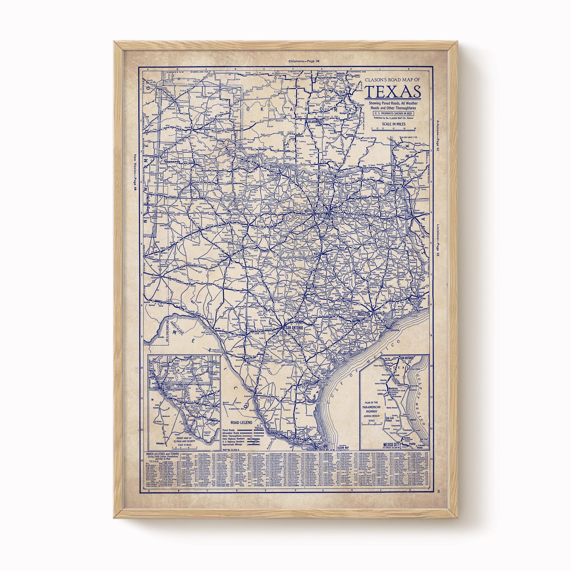 The image is a framed vintage map of Texas, depicting the state's roads and highways in a detailed and intricate manner.
