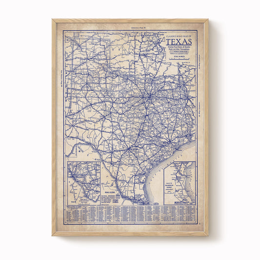 The image is a framed vintage map of Texas, depicting the state's roads and highways in a detailed and intricate manner.