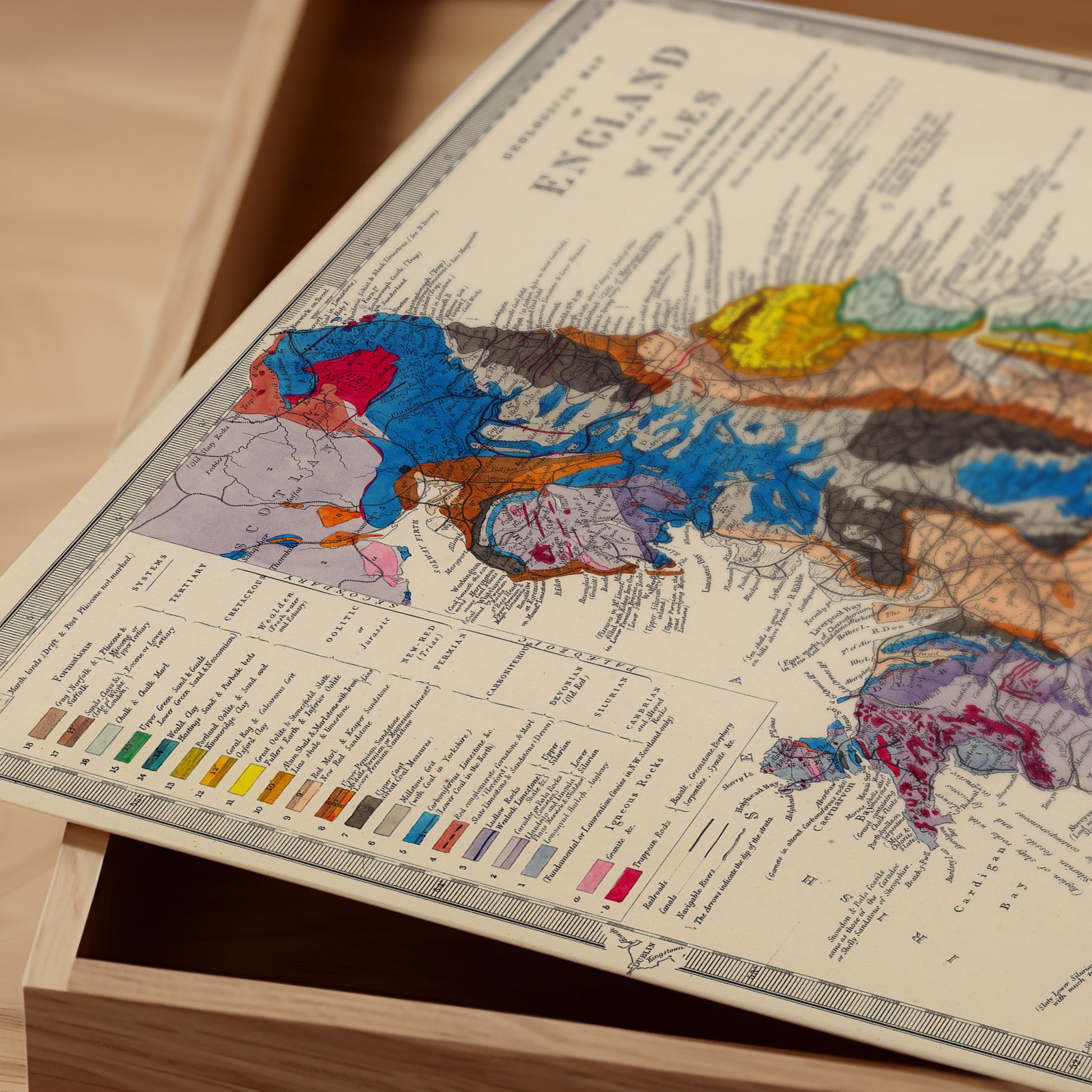 The image is a close-up of a map of England, Wales, and Scotland, with a color-coded legend that provides information about the different colors used to represent various geographical features or regions within the country.