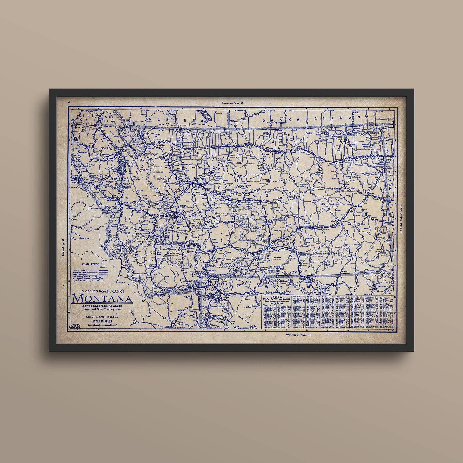 The image is a framed vintage map of Montana, depicting the state's roads and highways in a detailed and intricate manner.