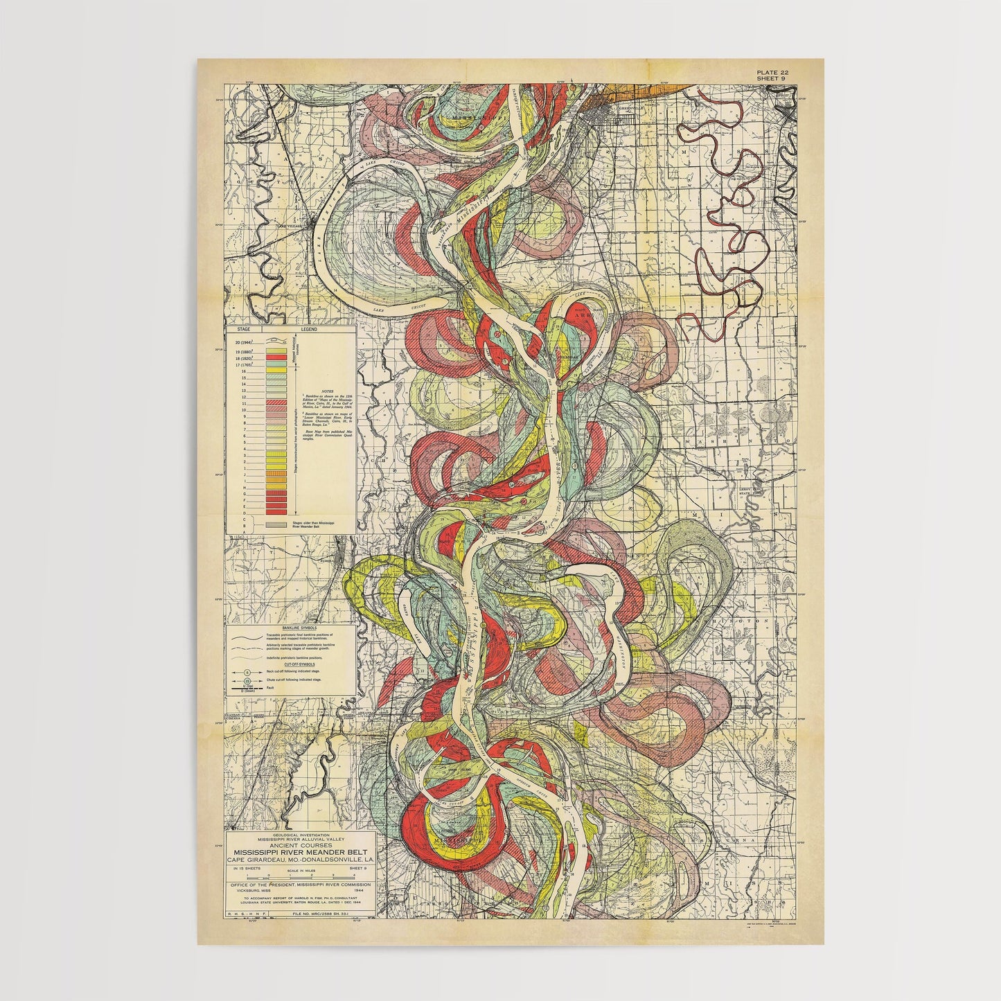 Harold Fisk Mississippi River Map Print, Greenville to Vicksburg, Plate 22, Sheet 9