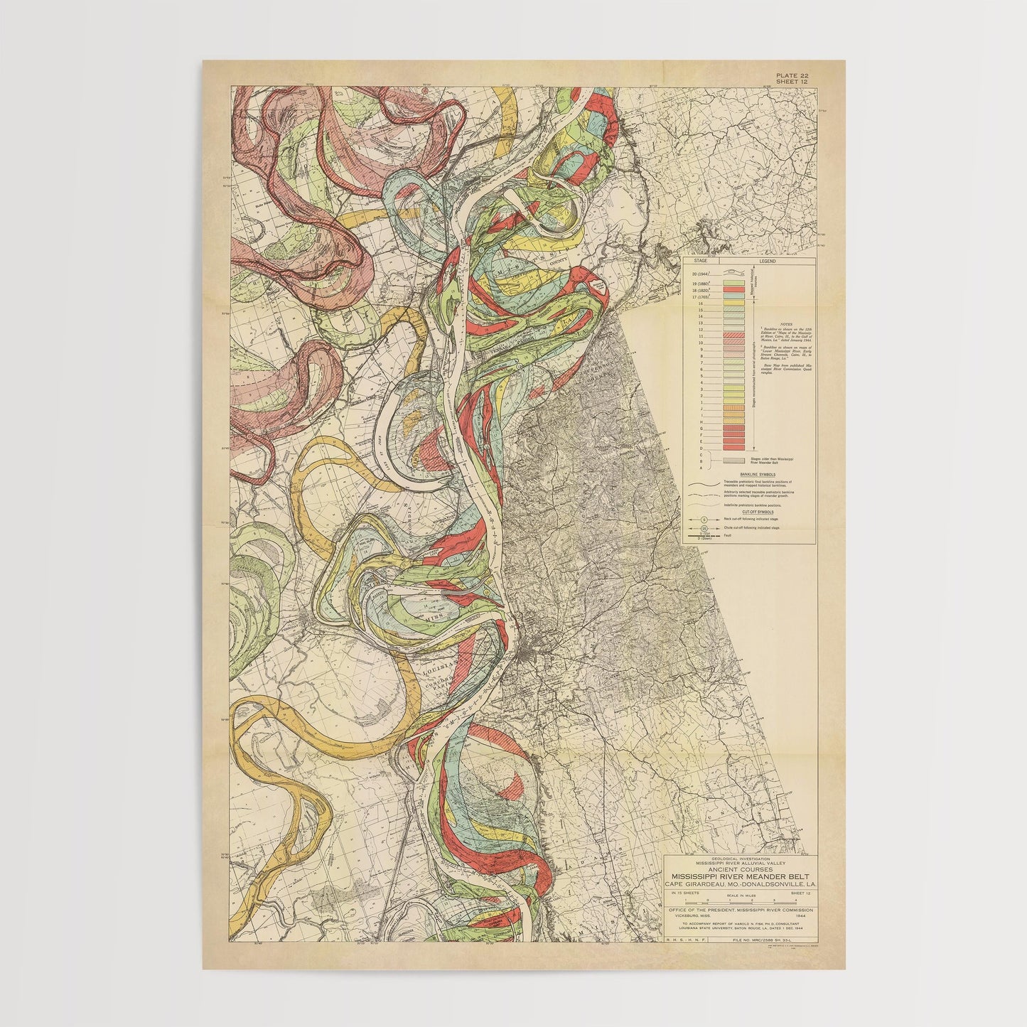 Harold Fisk Mississippi River Map Print, Old River to Morganza, Plate 22, Sheet 12