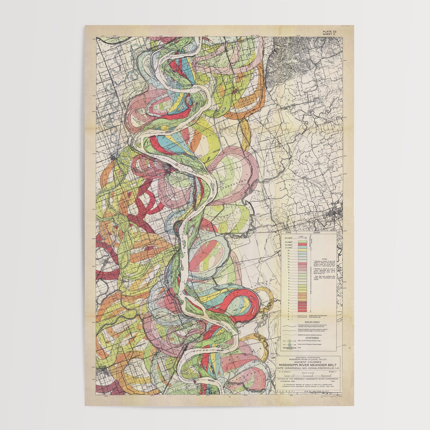 Harold Fisk Mississippi River Map Print, New Madrid to Caruthersville, Plate 22, Sheet 3