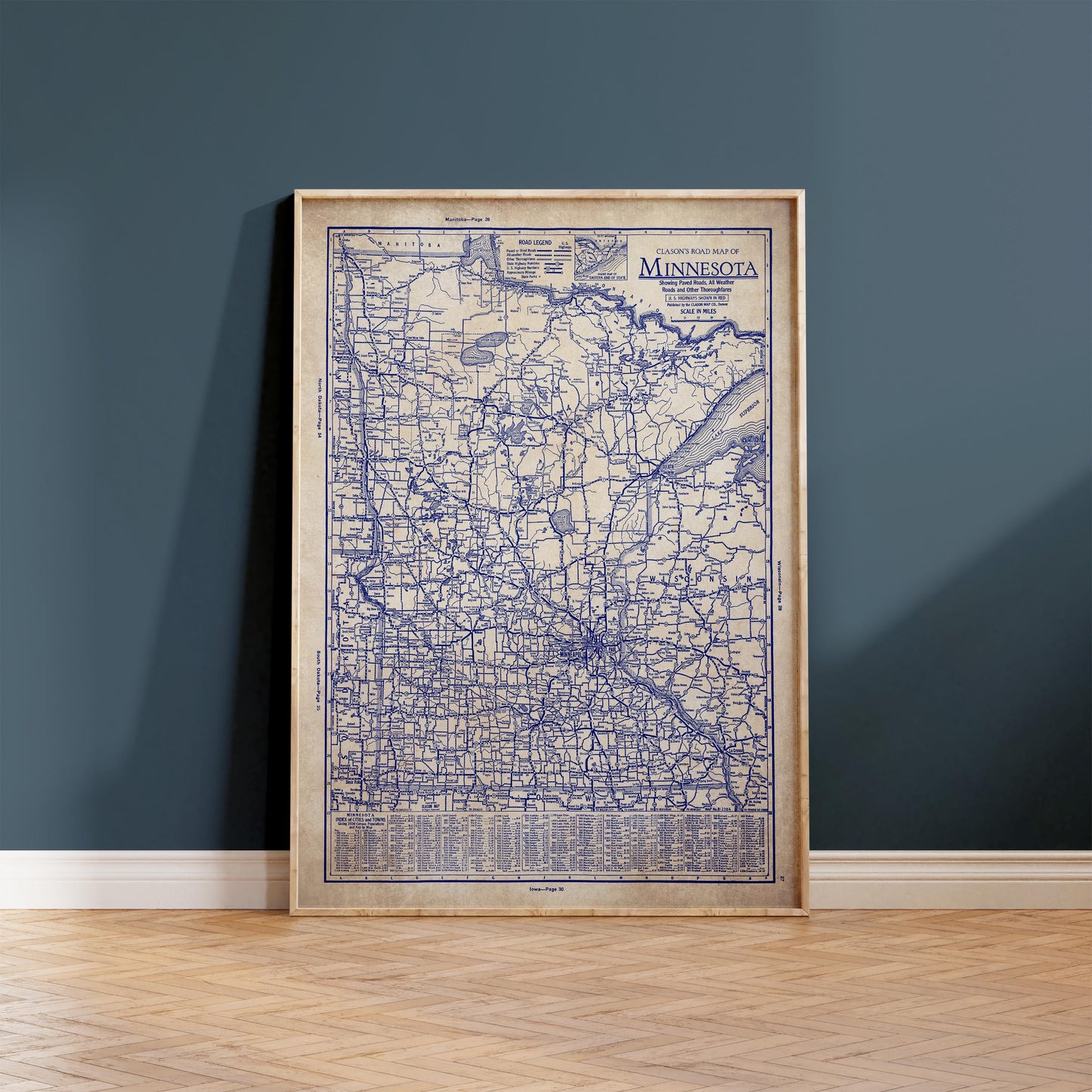 a framed map of Minnesota, a state in the United States of America.