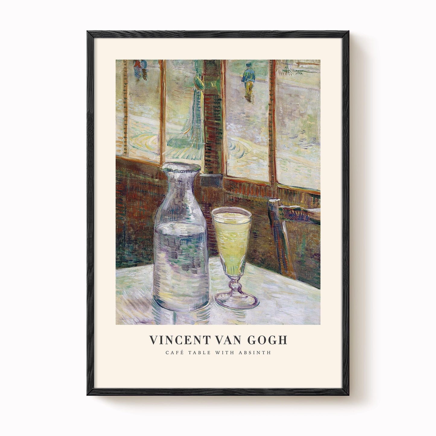 The image is a framed painting depicting a table with a glass of water and a bottle, set against a window view.