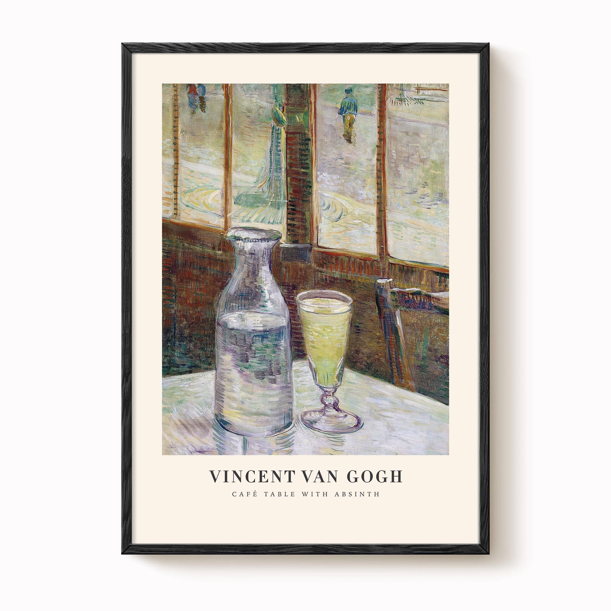 The image is a framed painting depicting a table with a glass of water and a bottle, set against a window view.