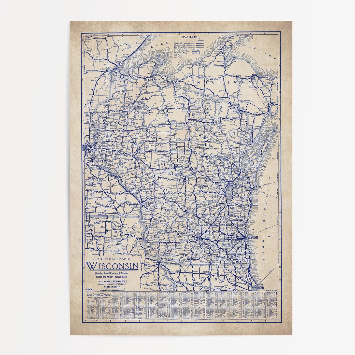 The image is a vintage road map of Wisconsin, showing the state's roads, highways, and major cities.
